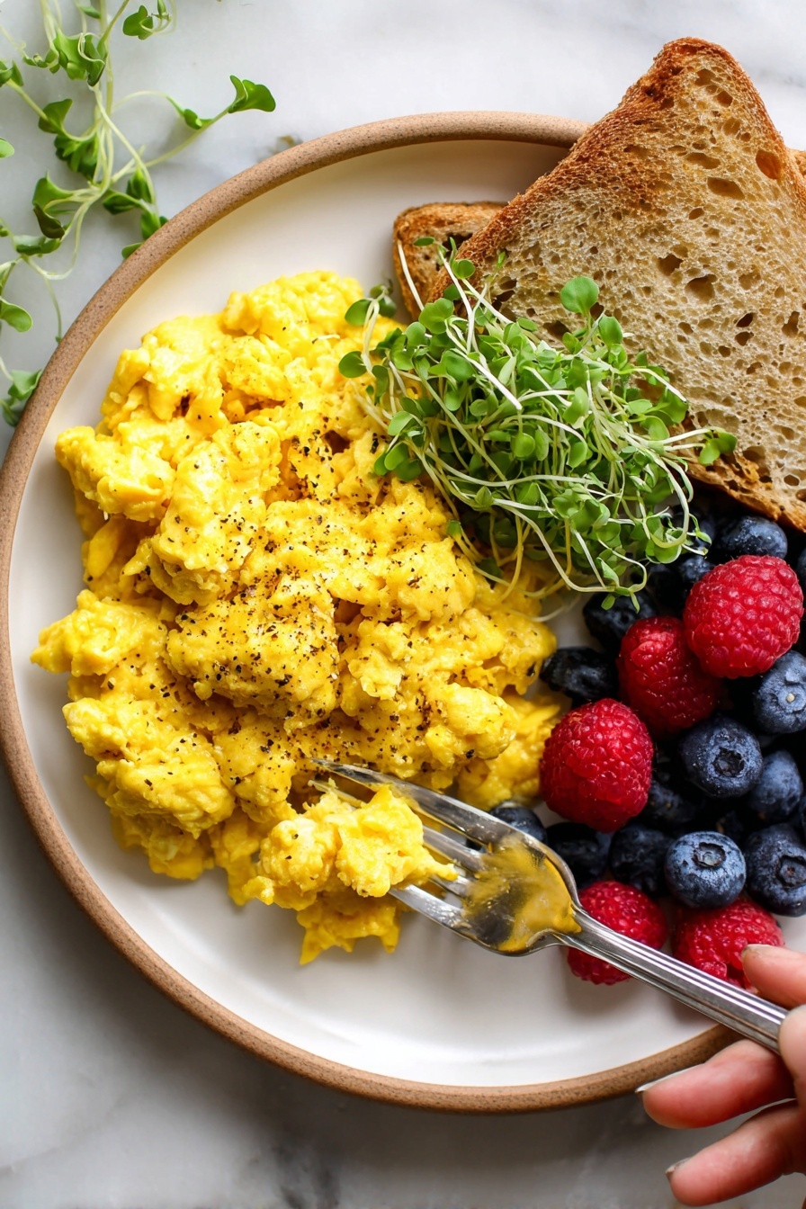 The Best Tofu Scramble, tofu scramble recipe, plant-based breakfast, vegan breakfast ideas, healthy tofu recipes - A white plate with a large pile of bright yellow scrambled eggs seasoned with black pepper on the left side. On the top right, there is a small bunch of fresh green microgreens with delicate stems and leaves. Next to the greens is a single piece of toasted white bread with a golden brown crust and textured surface. At the bottom right, fresh blueberries and red raspberries are placed together in a small cluster. A silver fork is pressing into the scrambled eggs from the right side, held by a woman's hand. The plate sits on a white marbled surface photo taken with an iphone --ar 2:3 --v 7