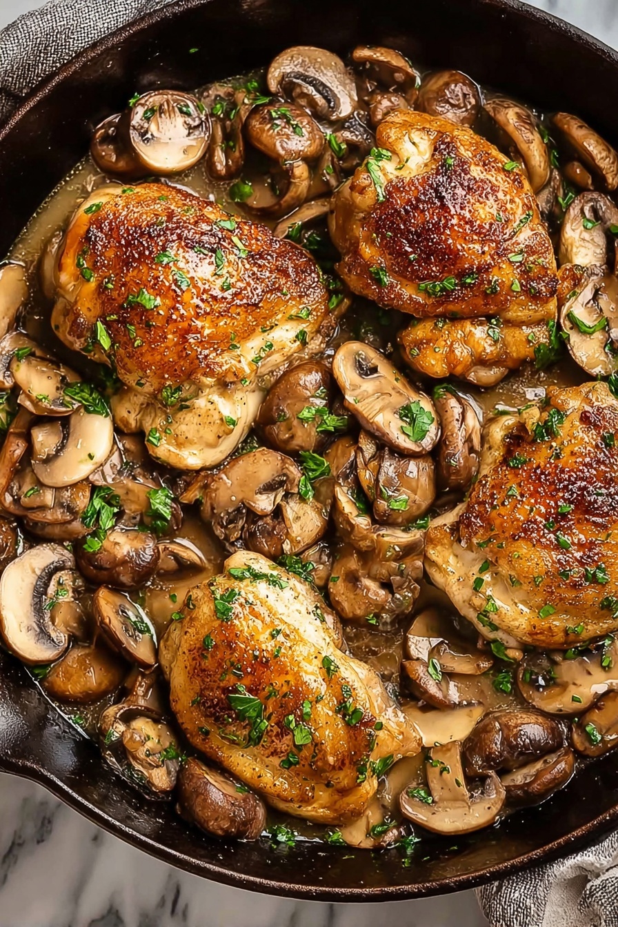 Chicken Marsala, Chicken Marsala recipe, easy chicken Marsala, how to make Chicken Marsala, restaurant-style Chicken Marsala - A black cast iron pan filled with four golden-brown cooked chicken pieces evenly spaced around the pan. Surrounding and partly on top of the chicken are many light brown mushroom slices with some small pieces of bright green parsley sprinkled over everything. There is a shiny, light brown sauce covering the mushrooms and chicken, giving a moist look to the dish. The surface the pan sits on has a white marbled texture photo taken with an iphone --ar 2:3 --v 7