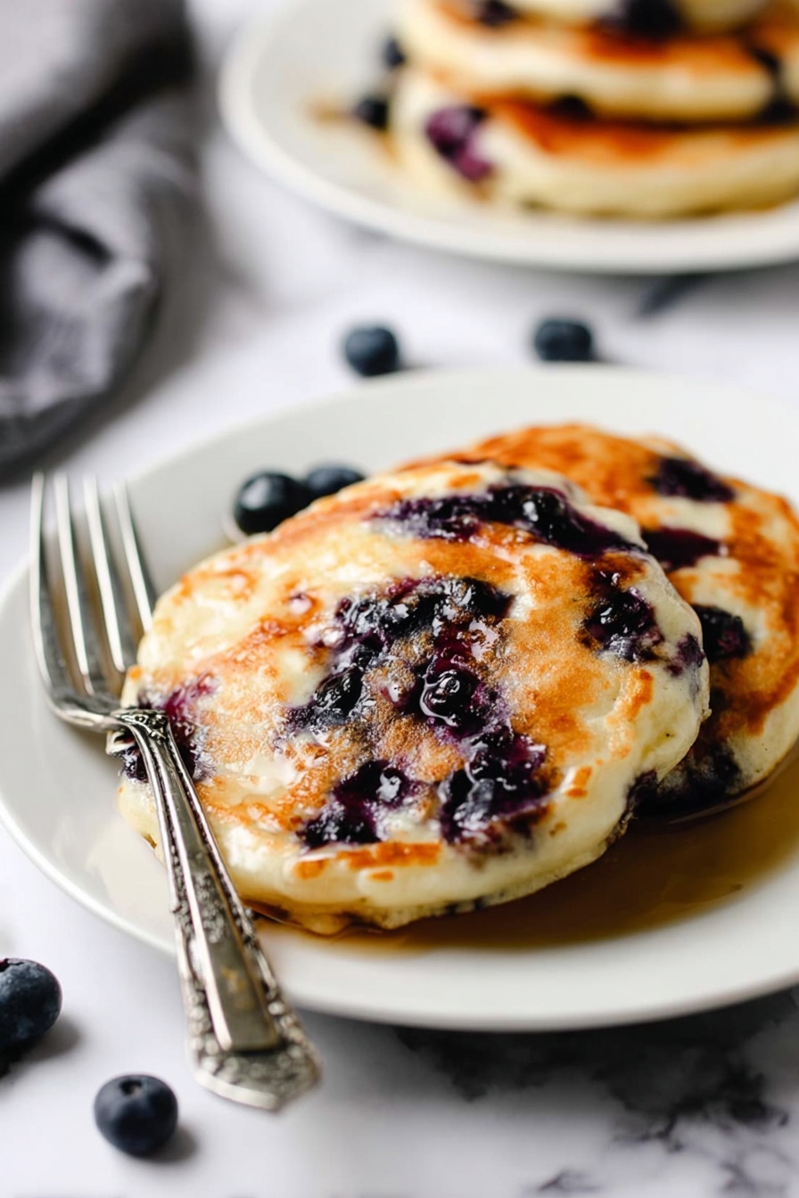Vegan Blueberry Pancakes, vegan breakfast recipes, fluffy blueberry pancakes, plant-based pancake recipe, easy vegan breakfast - A white plate holds two thick pancakes stacked, topped with many dark purple blueberries scattered inside and on top. The pancakes are golden brown with soft, spongy texture showing some small air holes throughout. A silver fork is gently cutting into the top pancake, pulling a soft piece that shows the fluffy inside with more blueberries. A few fresh blueberries rest near the plate on a white marbled surface. In the background, another white plate with pancakes is slightly out of focus. Photo taken with an iphone --ar 2:3 --v 7
