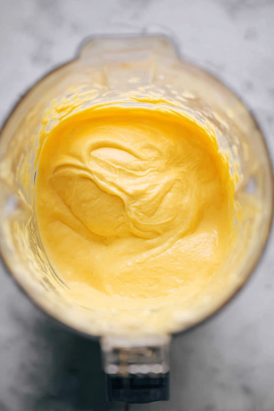Creamy Mango Smoothie, tropical mango smoothies, healthy mango drink, dairy-free mango smoothie, quick fruit smoothies - A close-up view inside a clear blender shows a smooth, thick mixture of bright yellow color. The mixture has a creamy texture with soft peaks and swirls visible on its surface. The blender sits on a white marbled surface, and the top edge of the blender is slightly blurred, focusing on the yellow creamy content inside. The lighting is soft, highlighting the bright and smooth texture of the blend photo taken with an iphone --ar 2:3 --v 7