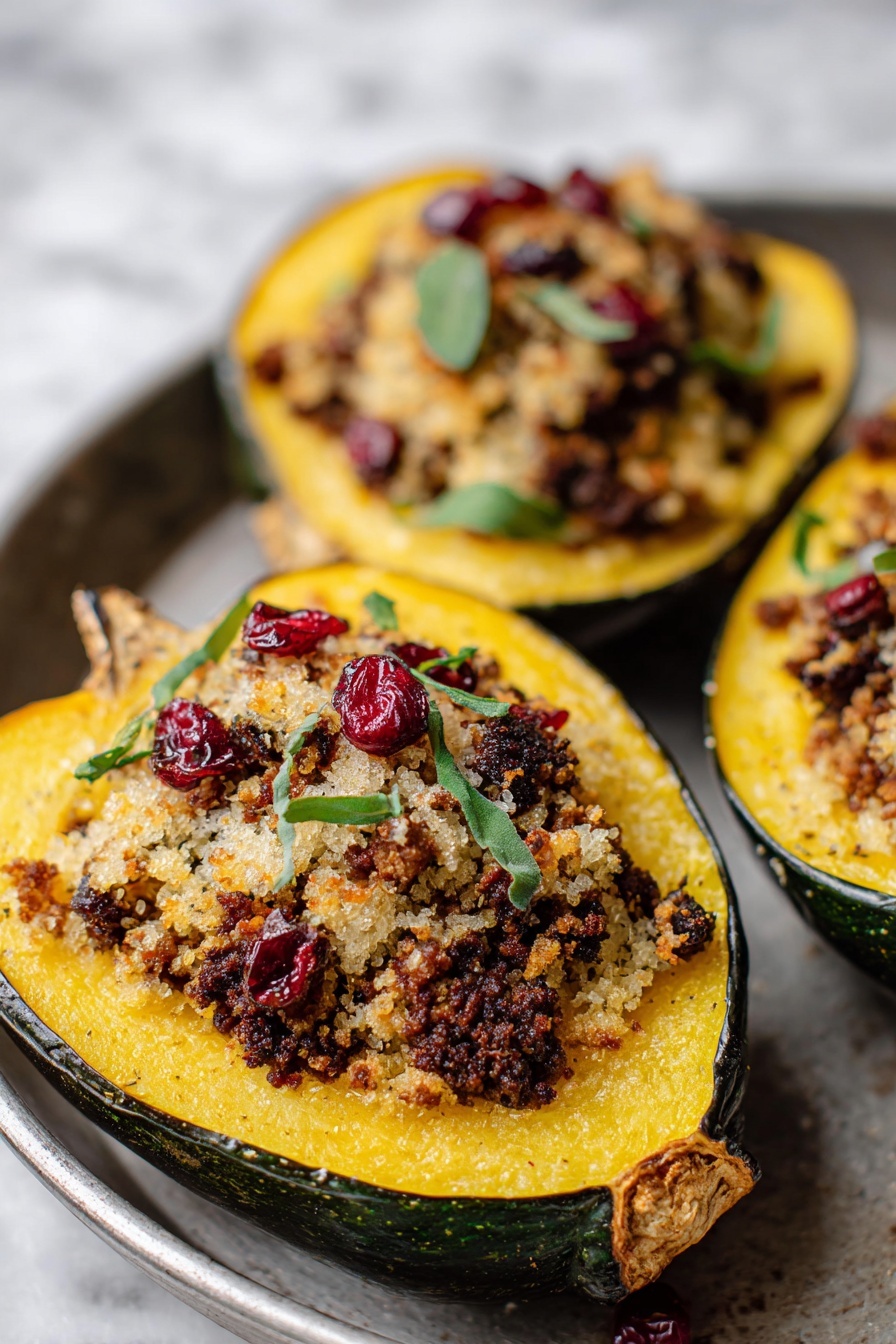 Stuffed Acorn Squash with Turkey, Apples, Cranberries, and Pecans, healthy stuffed acorn squash recipe, easy Thanksgiving squash dish, savory roasted acorn squash, fall comfort food - The image shows three stuffed squash halves placed on a metal tray over a white marbled surface. Each squash is an outer green shell with a bright yellow interior base layer. On top of this, there is a thick layer of crumbly, toasted breadcrumbs mixed with small browned pieces of filling, which is dark brown and looks textured. Scattered throughout the filling are small, wrinkled red berries and garnished with fresh green herb leaves. The dish has a rough, toasted texture and a warm, inviting color palette of yellow, brown, red, and green. photo taken with an iphone --ar 2:3 --v 7