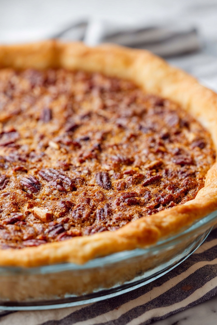 Colonial Innkeeper's Pie, colonial dessert recipes, layered chocolate pie, vintage pie recipes, historical dessert ideas - A close-up view of a pecan pie in a clear glass pie dish showing one thick layer of golden-brown filling topped with many small pieces of pecans with a slightly shiny, textured surface. The crust edge is light golden and slightly crimped, visible around the pie. The pie is placed on a white marbled texture with a striped cloth underneath. photo taken with an iphone --ar 2:3 --v 7