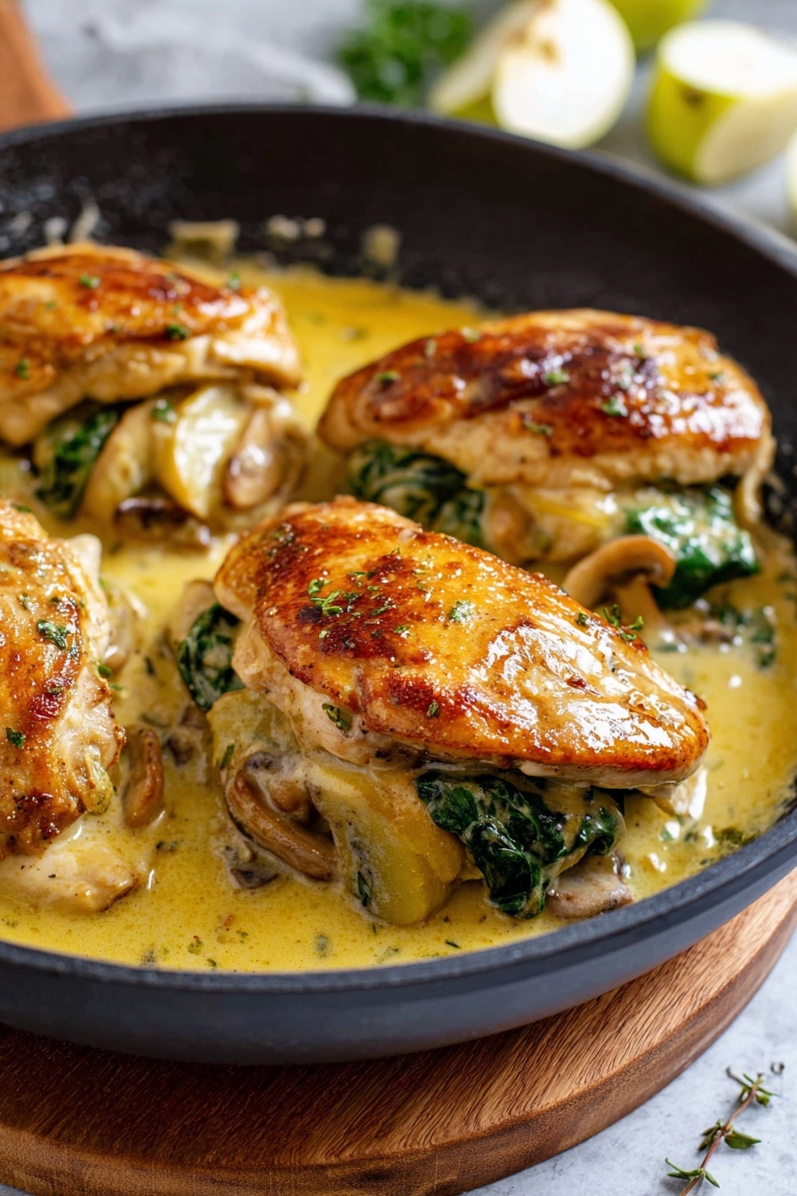 Apple and Brie Stuffed Chicken, stuffed chicken breast with apple and brie, easy stuffed chicken recipes, elegant chicken dinner ideas, quick gourmet chicken - A white plate on a white marbled surface holds a piece of golden brown cooked chicken filled with melted pale yellow cheese and green herb leaves, sliced to show three layers: juicy white chicken meat outside, a middle layer of pale yellow cheese, and a thin layer of green herb inside. Underneath the chicken are thin slices of cooked yellow potatoes arranged in a neat pile. In the background, there is a side of light brown rice, slightly out of focus. A silver fork holds a slice of the stuffed chicken close to the camera. Photo taken with an iphone --ar 2:3 --v 7