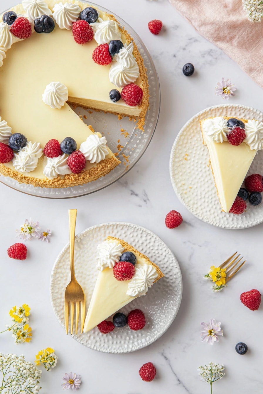 No-Bake Cheesecake with Condensed Milk, easy no-bake cheesecake, creamy cheesecake dessert, quick summer desserts, no oven cheesecake recipe - A creamy, pale yellow cheesecake with a thick, crumbly golden brown crust sits on a clear glass plate. The cheesecake has a smooth, soft texture and is topped with three swirls of white whipped cream placed along one edge. On top of the whipped cream are fresh red raspberries and dark blue blueberries, adding bright color contrast. Two slices of the cheesecake are served on white plates with a textured surface; each slice is also decorated with two dollops of whipped cream and scattered berries. One slice is accompanied by a gold fork resting on the plate. The setup is on a white marbled surface sprinkled with extra berries and small flowers around the plates. Photo taken with an iphone --ar 2:3 --v 7