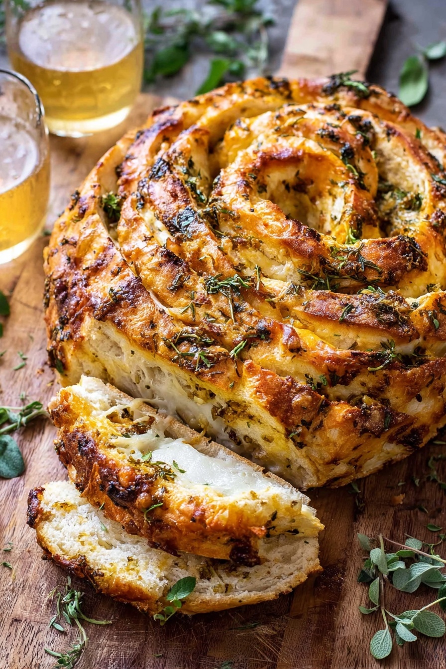 Garlic Herb Cheddar Cheese Bread, cheesy bread, garlic bread recipe, herb bread, cheesy garlic bread - A round loaf of cheese bread is sliced into thick pieces, showing a soft white inside with swirled orange cheese within the layers. The top crust is golden brown, sprinkled with herbs, melted cheese, and small green leaves. The bread rests on a wooden surface with two glasses of light beer in the background, and fresh green herbs are placed nearby. Photo taken with an iphone --ar 2:3 --v 7