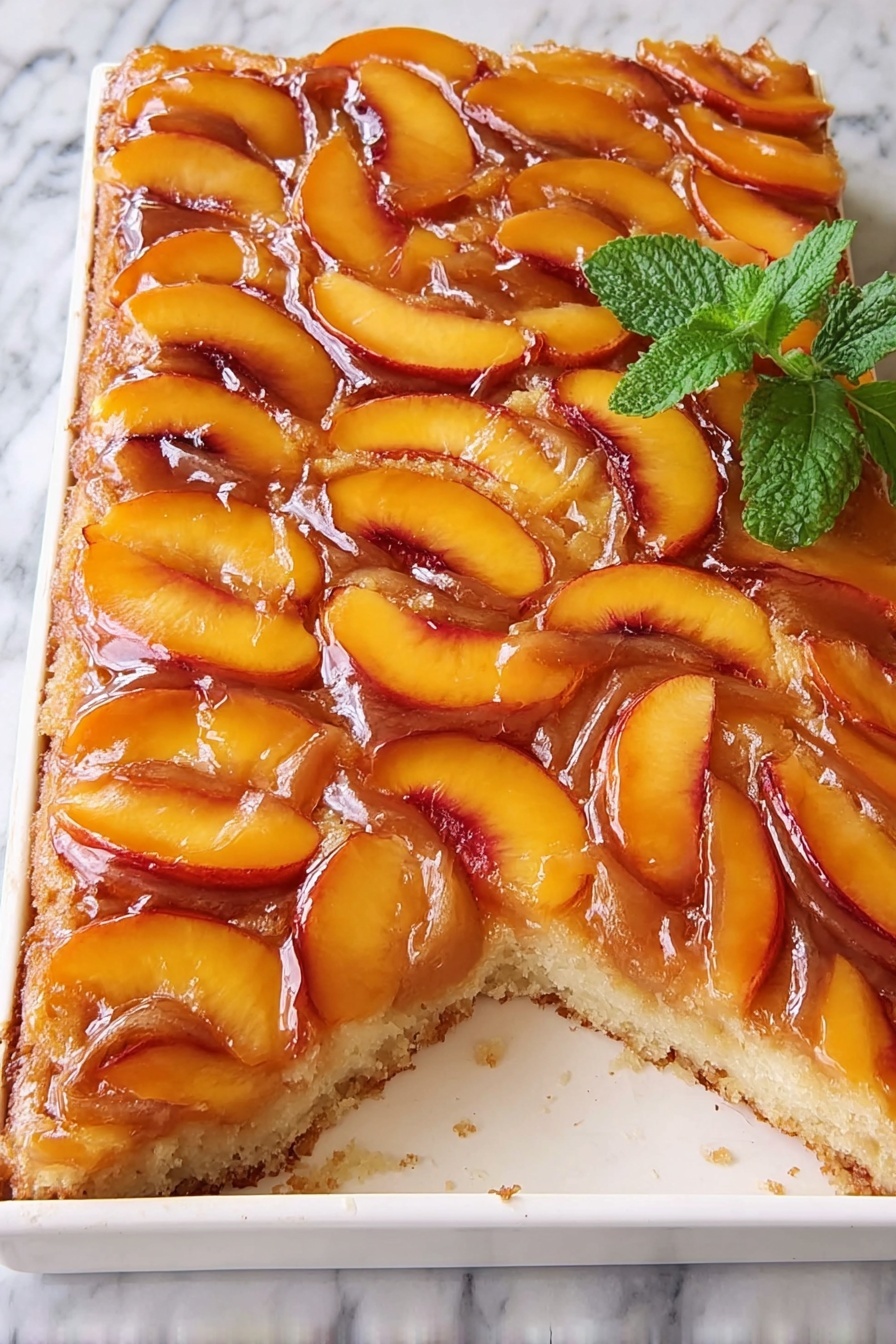 Peach Upside-Down Cake, peach dessert, caramelized peach cake, easy fruit desserts, summer fruit recipes - The image shows a peach upside-down cake cut into squares on a white plate placed on a white marbled surface. The cake has a golden-brown base that looks moist and soft with a slight crumb texture. On top of the cake lies a layer of neatly arranged peach slices that are vibrant orange and glossy, covered in a shiny caramel glaze. A black-handled spatula holds one square piece of the cake, slightly lifted from the plate, showing the thick peach topping and the textured cake underneath. The colors are warm and inviting, with the light reflecting off the glossy peach layer. photo taken with an iphone --ar 2:3 --v 7