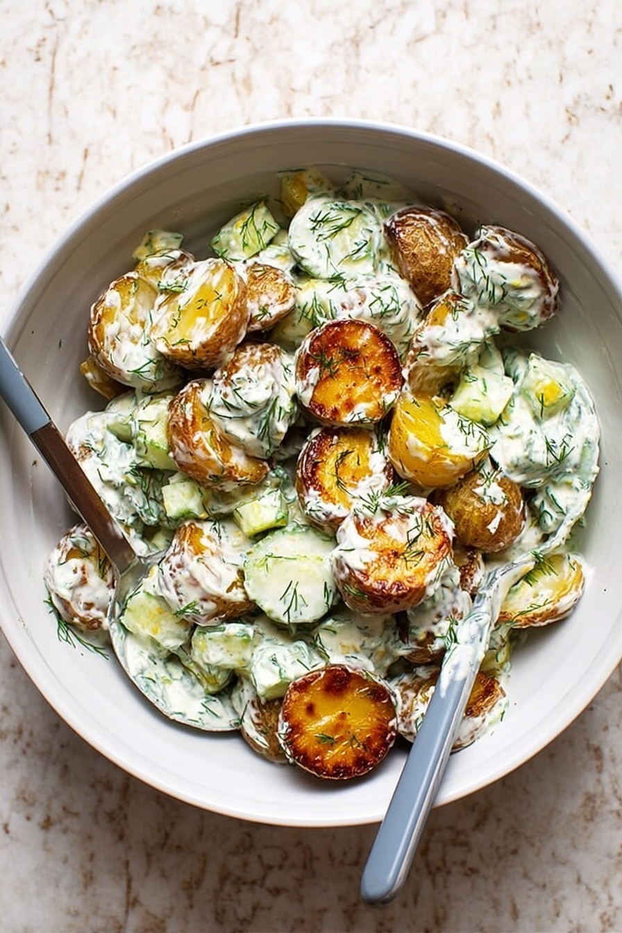 Smashed Potato Salad with Herb Dressing, potato salad with herb dressing, easy smashed potato salad, flavorful potato side dish, fresh herb potato salad - The image shows a white bowl filled with crispy roasted potato slices that have a golden-brown color and slightly crunchy texture. These potatoes are mixed with a creamy, white sauce that has green herbs like dill sprinkled throughout. Small chunks of light green cucumber and some green herbs are visible mixed evenly in the sauce, giving the dish a fresh look. Two spoons with gray handles rest inside the bowl on either side, partially covered with the sauce and potato mix. The bowl is placed on a white marbled surface. photo taken with an iphone --ar 2:3 --v 7