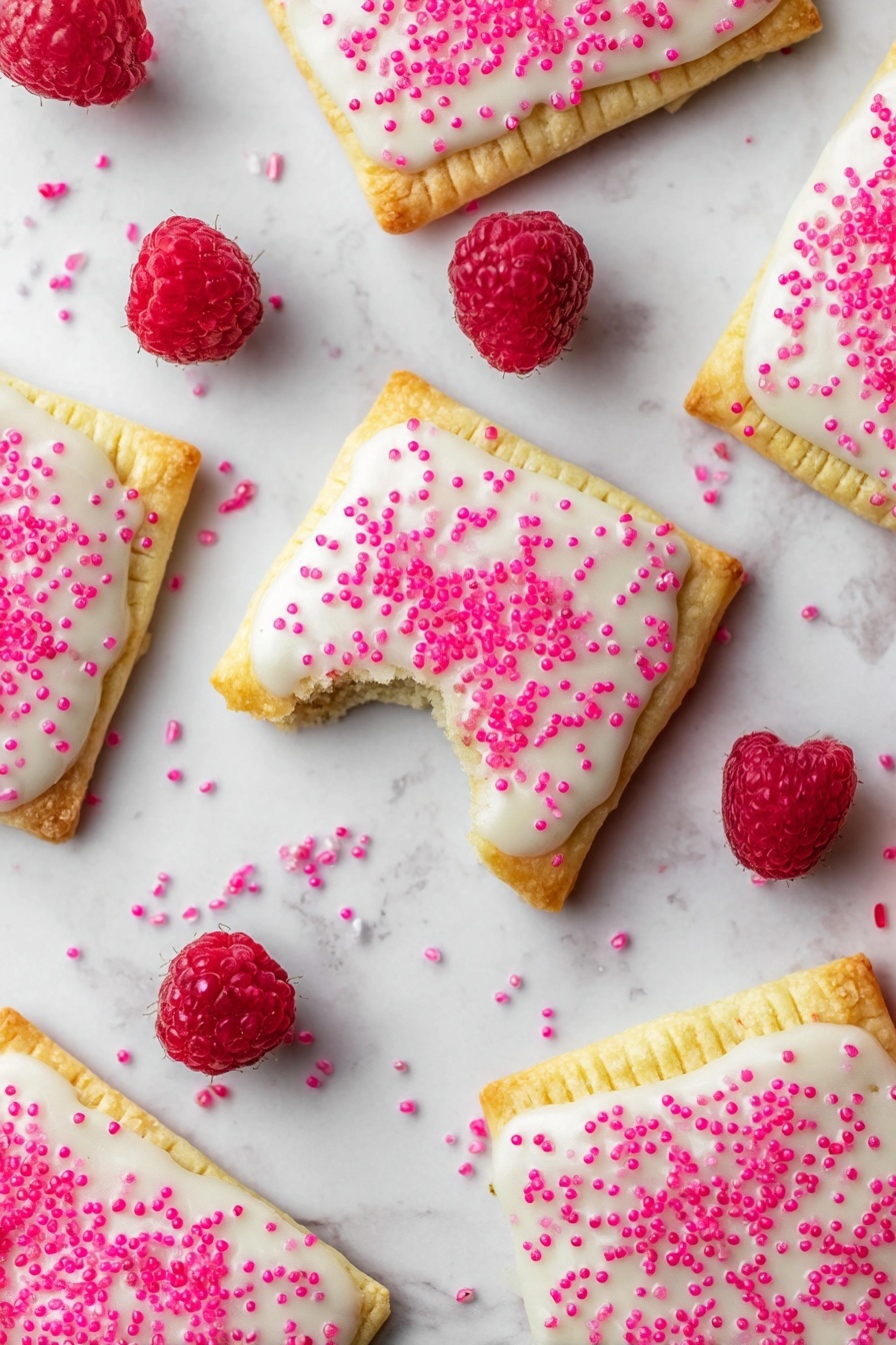 Homemade Raspberry Pop Tarts, raspberry pop tarts, homemade breakfast pastries, flaky pastry recipes, raspberry jam-filled pastries - Multiple square pastries with a golden-baked crust are scattered on a white marbled surface, each topped with smooth white icing sprinkled generously with bright pink sugar crystals. One pastry in the center has a small bite taken out of its corner, revealing a soft filling inside. Around the pastries, several fresh red raspberries are placed as decoration. The image is bright and clean, showing the different textures on the pastries and icing clearly photo taken with an iphone --ar 2:3 --v 7