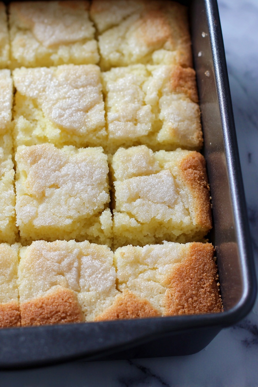 French Butter Cake, French Butter Cake recipe, buttery dessert, easy French cake, tender butter cake - A close-up view of a rectangular black baking pan filled with a light yellow baked cake that has been scored into 12 square pieces. The cake has a crumbly, slightly cracked top layer with a sugar-like texture, revealing a soft, moist inner layer beneath. The edges of the cake are slightly browned, contrasting with the pale center. The pan is set against a white marbled background. photo taken with an iphone --ar 2:3 --v 7