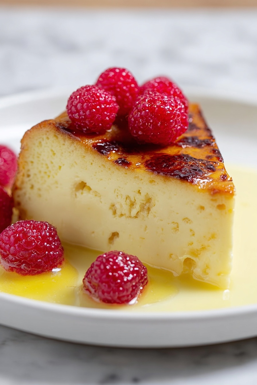 Custard Bread Pudding with Vanilla Sauce, decadent bread pudding, easy bread pudding dessert, creamy custard bread pudding, vanilla sauce dessert - A thick slice of creamy yellow custard-like cake with a browned, slightly charred top layer sits in the center of a white plate. The top layer is smooth and shiny with a caramelized texture. Several bright red raspberries with tiny droplets of moisture rest on top and around the cake. A light yellow sauce pools around the base, adding a glossy finish to the dish. The plate is placed on a white marbled surface. photo taken with an iphone --ar 2:3 --v 7
