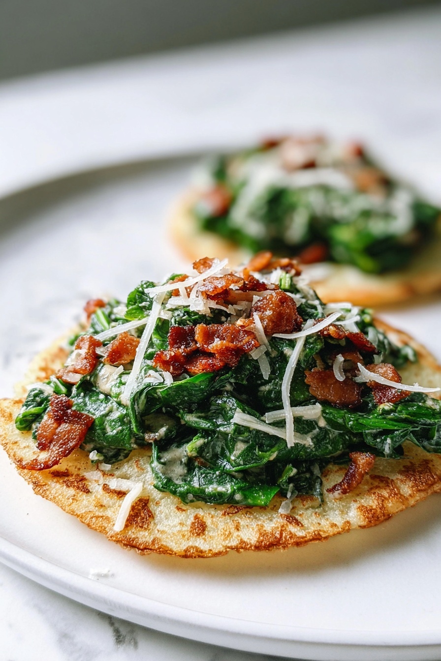 Crispy Chicken Caesar Tacos, Chicken Caesar Tacos, Crispy Chicken Tacos, Caesar Salad Tacos, Easy Chicken Tacos - The image shows two flat round corn cakes placed on a white plate with a white marbled texture surface. Each cake has a golden-brown crispy crust and a slightly soft inside. On top of each cake is a generous pile of creamy green spinach leaves mixed with small pieces of crispy, brown bacon bits scattered throughout. Thin shreds of white cheese are sprinkled evenly over the spinach and bacon mix. The focus of the image is on the closest cake, with the second one slightly blurred in the background. Photo taken with an iphone --ar 2:3 --v 7