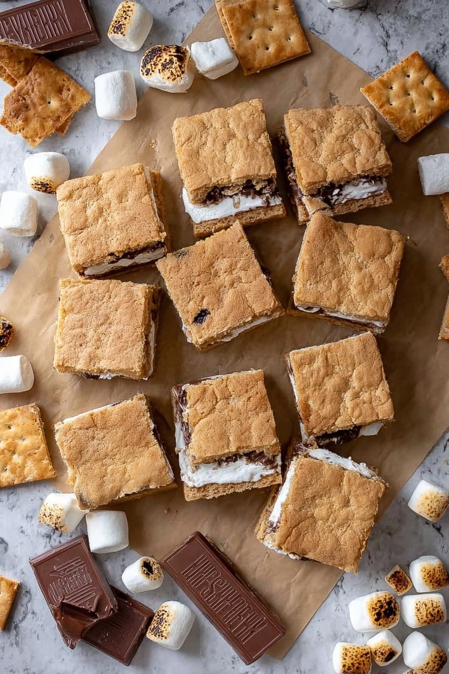 S'mores Cookie Bars, easy s'mores dessert bars, chocolate marshmallow cookie bars, campfire s'mores treats, gooey s'mores bars - The image shows a dozen square s'mores bars arranged on brown parchment paper, placed on a white marbled surface. Each bar has three visible layers: a light golden brown, slightly cracked cookie-like top layer, a middle white soft marshmallow layer, and a bottom layer similar in color and texture to the top. Around the bars are broken pieces of crispy white graham crackers, small toasted marshmallows with dark brown burnt spots, and sections of milk chocolate blocks with the Hershey’s brand visible. The overall look is warm and inviting with a mix of soft and crunchy textures. photo taken with an iphone --ar 2:3 --v 7
