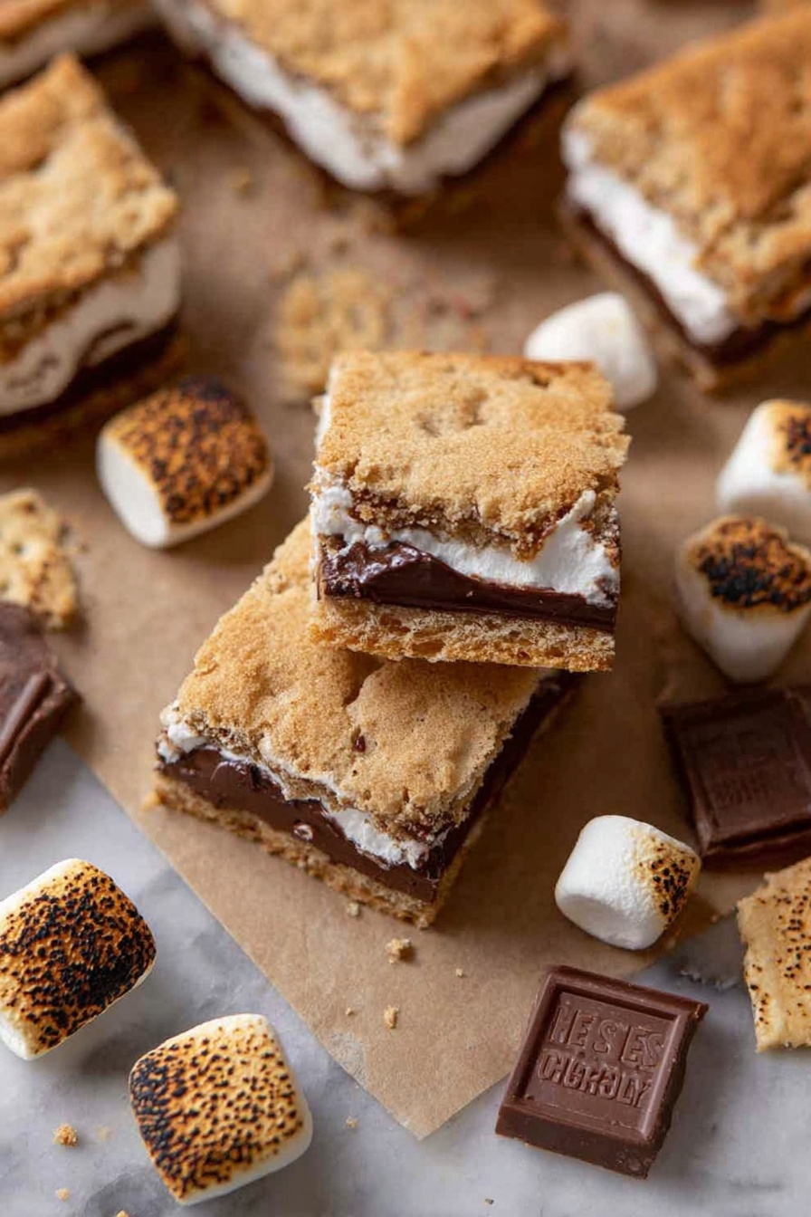 S'mores Cookie Bars, easy s'mores dessert bars, chocolate marshmallow cookie bars, campfire s'mores treats, gooey s'mores bars - The image shows a stack of three s'mores bars with three clear layers in each piece. The top and bottom layers are golden brown, crumbly cookie crust with a slightly rough texture. The middle layer is thick and creamy with a bright white marshmallow filling. Between the marshmallow and cookie layers is a rich, smooth, dark brown chocolate layer. The stack sits on a white marbled surface, with the background softly blurred to keep focus on the dessert. Photo taken with an iphone --ar 2:3 --v 7