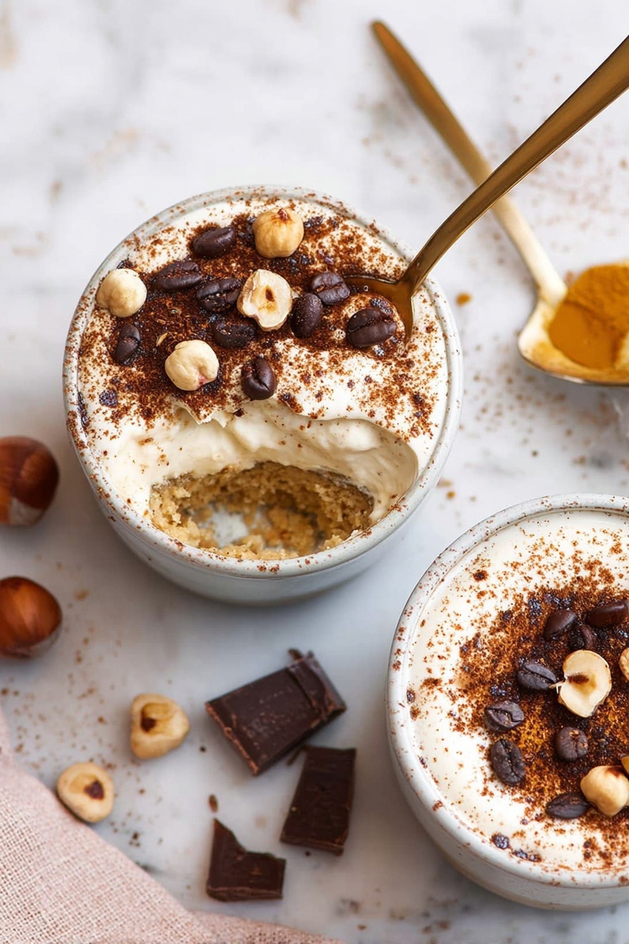 How to Make Individual Tiramisu Cups, individual tiramisu cups, homemade tiramisu servings, easy tiramisu dessert, personalized tiramisu cups - The image shows five glass cups filled with a creamy, light beige dessert topped with a layer of sprinkled cocoa powder and dark chocolate curls, creating a textured and slightly swirled surface. Each cup has a frothy, airy cream layer on top, while the lower part appears smooth and dense. A white coffee cup filled with dark brown espresso is placed to the right side, partially visible. Scattered dark brown coffee beans and uneven chocolate pieces are placed around the cups on a white marbled surface. Two light brown ladyfinger biscuits lie near the bottom right, and a fine metal sieve with some cocoa powder and coffee beans rests on the left side. There is also a beige linen cloth on the upper left corner. Photo taken with an iphone --ar 2:3 --v 7