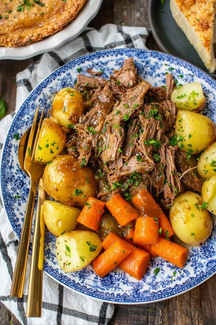 Slow Cooker Pot Roast with Root Vegetables, easy slow cooker pot roast, beef and root vegetable dinner, comforting slow cooker recipes, hearty beef stew - A white plate with blue floral patterns holds a layered dish: the bottom layer is golden-yellow chunks of boiled potatoes scattered around the middle and sides; the next layer is bright orange carrot pieces placed mostly along one side; and the top layer is a large pile of shredded, brown cooked meat glistening with sauce, sprinkled with small green herb bits. Two golden serving utensils with open handles rest on the left side of the plate. The plate is on a dark wood surface with a white and black checkered cloth nearby, and a slice of pie with a light brown crust and creamy filling is partly visible to the right. photo taken with an iphone --ar 2:3 --v 7