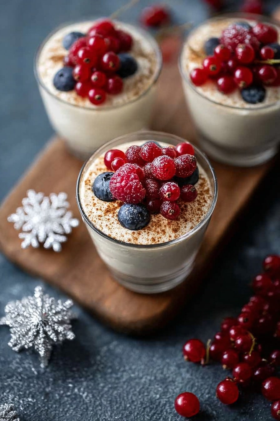 No Bake EggNog Berry Cheesecakes, festive no-bake desserts, holiday cheesecakes with berries, quick easy Christmas desserts, eggnog cheesecake recipe - Three clear glass cups each hold a creamy white dessert topped with a dusting of cinnamon and a cluster of fresh red raspberries, dark blueberries, and red currants. The dessert looks soft and smooth, forming the base layer under the fruits. Two cups sit on a wooden board, while the third is placed directly on a dark textured surface, scattered with extra red currants nearby. A shiny white snowflake decoration is visible on the left side of the image. The scene is bright with soft natural light coming from the side. photo taken with an iphone --ar 2:3 --v 7