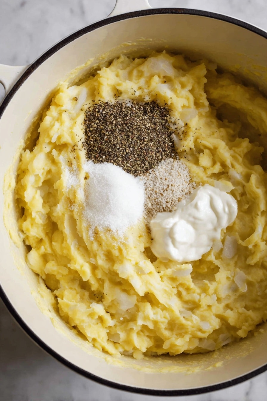 The BEST Mashed Potatoes, creamy mashed potatoes, homemade mashed potato recipe, easy mashed potatoes, ultimate mashed potatoes - Inside a white pot with a black rim, there is a thick layer of light yellow mashed potatoes with a smooth, creamy texture and some small lumps. On top of the mashed potatoes, there is a small but distinct dollop of white sour cream, surrounded by two piles of seasonings: one pile of fine white salt and another pile of coarse black pepper, both sitting close together near the center. The pot rests on a white marbled surface. Photo taken with an iphone --ar 2:3 --v 7