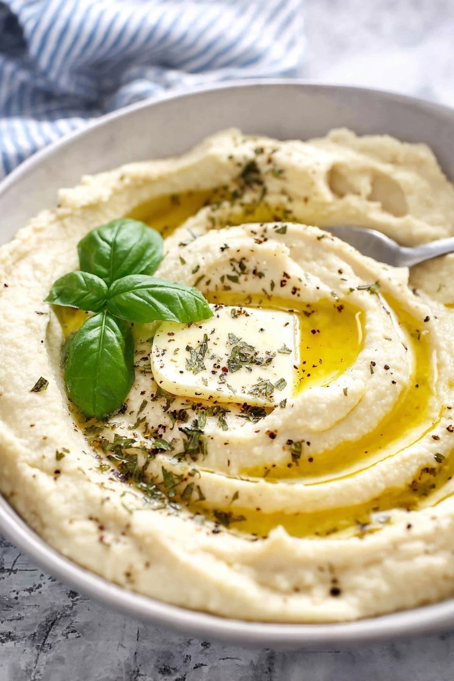 Cheesy Baked Mashed Potatoes, baked mashed potato recipe, cheesy mashed potatoes, cheesy potato casserole, creamy baked mashed potatoes - A close-up view of a white bowl filled with creamy hummus forming soft swirls, with a pool of golden olive oil settled on one side. On top, a square pat of butter melts slowly, sprinkled with dried herbs and small dark specks scattered across the hummus. Fresh basil leaves add a bright green color, with one leaf holding a small amount of dried seasoning. The bowl sits on a white marbled surface with a blurred blue and white striped cloth in the background, and a spoon partially visible in the hummus. Photo taken with an iphone --ar 2:3 --v 7