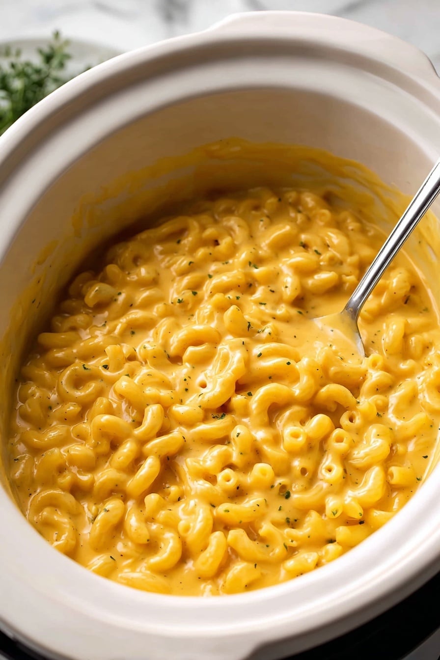 Crock Pot Mac and Cheese, creamy slow cooker mac and cheese, easy crockpot pasta dish, cheesy slow cooker dinner, comfort food mac and cheese - The image shows a white slow cooker filled with creamy macaroni and cheese. The dish has one layer of curved elbow pasta coated in a smooth, bright orange-yellow cheese sauce that looks thick and velvety. A silver spoon is partially submerged among the pasta, resting near the edge of the slow cooker. The background has a white marbled texture with some green herbs blurred in the upper corner. photo taken with an iphone --ar 2:3 --v 7