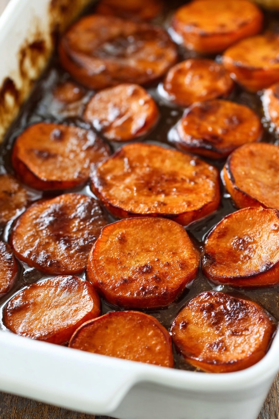 Southern Candied Yams, Southern Candied Yams Recipe, Easy Candied Yam Side Dish, Best Candied Yams, Sweet Yams with Brown Sugar and Cinnamon - The image shows a white ceramic baking dish filled with soft cooked sweet potatoes cut into round slices. The sweet potatoes are covered in a glossy dark brown syrupy sauce that pools around them. The slices have a slightly shiny, caramelized surface with some darker roasted spots. The white marbled surface is slightly visible at the edges around the dish. The warm orange and brown colors of the sweet potatoes and syrup stand out clearly. Photo taken with an iphone --ar 2:3 --v 7