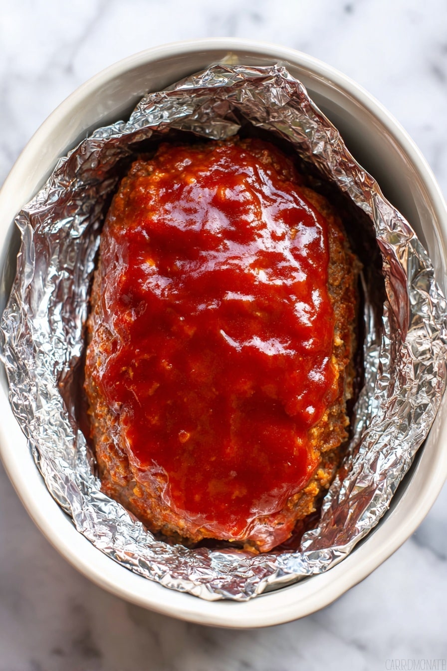 Slow Cooker Meatloaf with Parmesan and Sweet Ketchup Glaze, delicious slow cooker meatloaf, easy comfort food recipes, Parmesan meatloaf recipe, family dinner ideas - A shiny, thick layer of bright reddish-brown sauce covers a large oval-shaped meatloaf placed inside a white slow cooker lined with silver aluminum foil on the sides; the meatloaf has a slightly rough, uneven texture visible beneath the smooth sauce, and the foil peeks out from underneath the edges. The scene is set on a white marbled surface. photo taken with an iphone --ar 2:3 --v 7