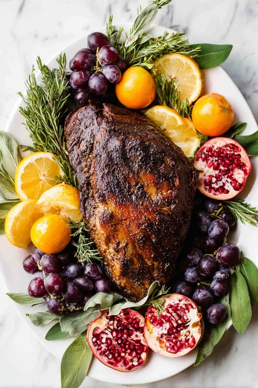 Perfect Smoked Turkey Breast, smoked turkey, smoked turkey breast recipe, juicy smoked turkey, flavorful turkey - A white rectangular plate holds several slices of browned roasted turkey with crispy skin on top and tender white meat underneath, arranged in a slightly overlapping way. Around the turkey are thin orange slices and fresh green herbs like rosemary and sage. A pomegranate half with deep red seeds and a quarter piece rest on the plate, adding bright red and pink colors. Scattered small dark and red berries fill spaces between the turkey and fruit. The plate sits on a white marbled surface. Photo taken with an iphone --ar 2:3 --v 7