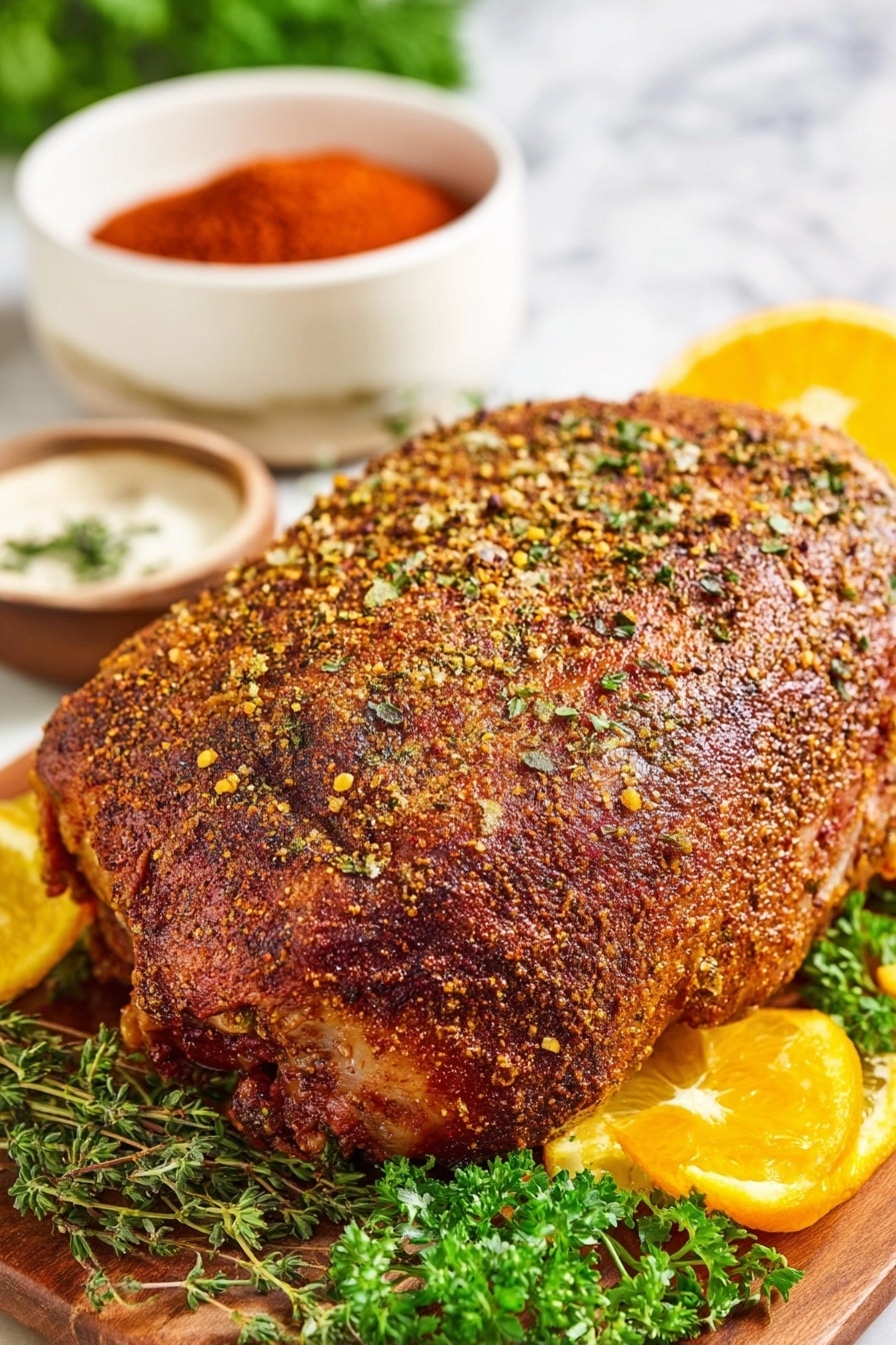 Cajun Butter Smoked Turkey Breast, smoked turkey breast recipe, Cajun turkey recipe, flavorful smoked turkey, juicy turkey breast - A large piece of cooked meat with a brown, seasoned crust sits in the center on a wooden board, sprinkled with small green herb bits. Around the meat are fresh green herbs and bright orange slices, adding color and freshness. In the background, there is a white bowl filled with bright red spice. The surface is a white marbled texture under soft natural light. Photo taken with an iphone --ar 2:3 --v 7