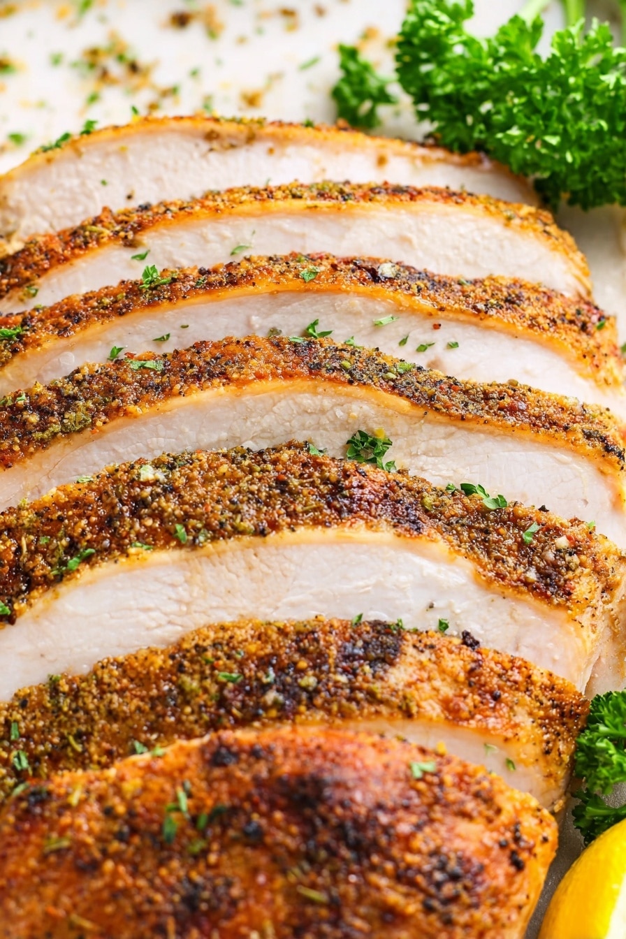 Cajun Butter Smoked Turkey Breast, smoked turkey breast recipe, Cajun turkey recipe, flavorful smoked turkey, juicy turkey breast - The image shows a sliced cooked turkey with eight visible thick slices arranged neatly side by side. Each slice has a light golden brown crispy skin with visible black pepper and herb seasonings on top, and the meat inside is white and moist. Behind the turkey slices, there is a white marbled surface with a sprinkle of green herbs and a small bunch of fresh green parsley for garnish. On the far right edge, a small part of a lemon slice is visible. Photo taken with an iphone --ar 2:3 --v 7