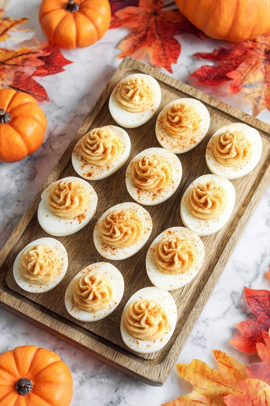 Pumpkin Devilled Eggs, pumpkin deviled eggs recipe, fall appetizer ideas, festive egg appetizers, cozy pumpkin appetizer - Nine deviled egg halves are placed in a 3 by 3 pattern on a light wooden cutting board. Each half has a smooth, white egg white base topped with a neatly swirled, light brown creamy filling, sprinkled lightly with a dusting of paprika. The board rests on a white marbled surface and has a white and orange striped cloth partially visible at the bottom corner. Photo taken with an iphone --ar 2:3 --v 7