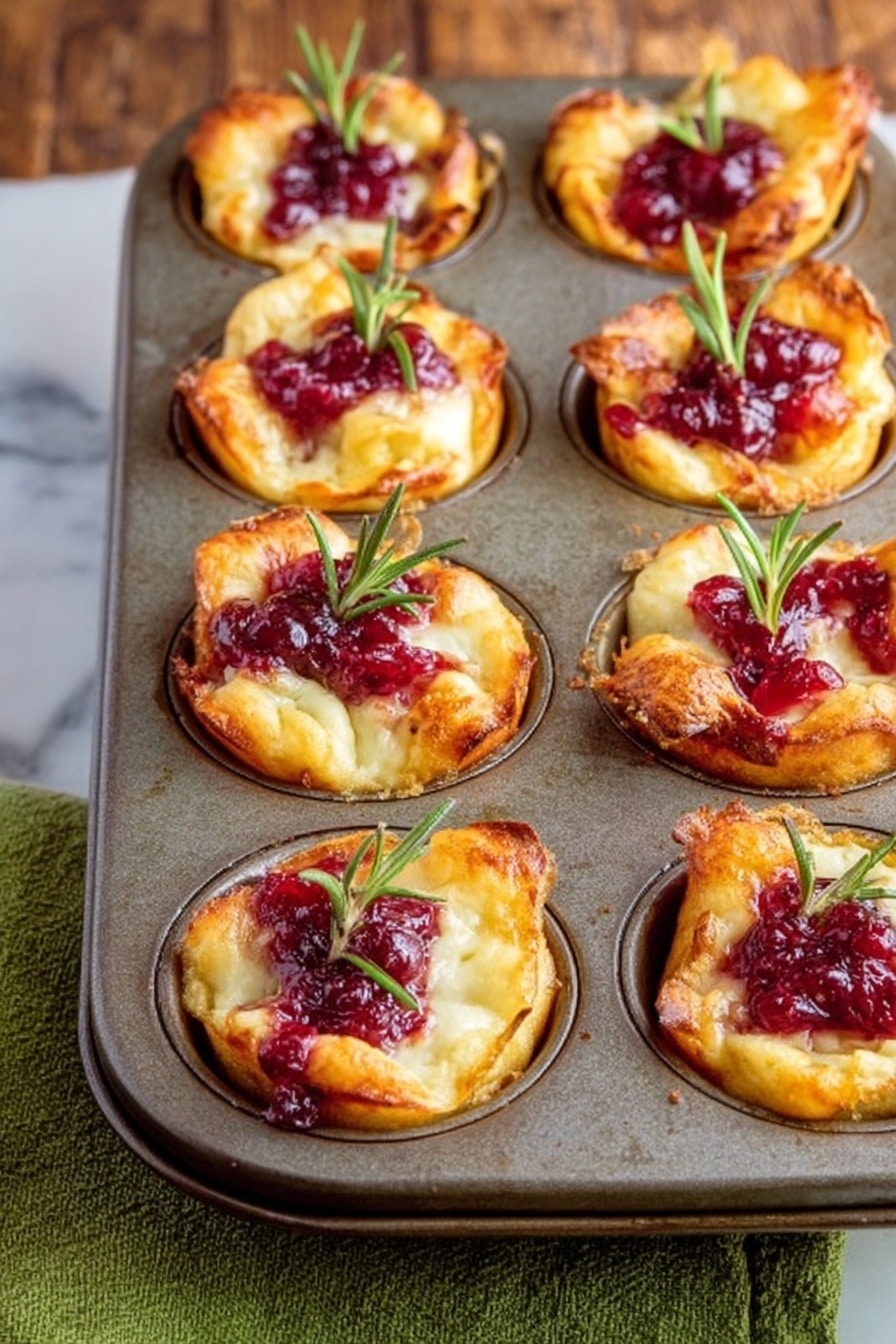Cranberry Brie Bites, Cranberry Brie Bites recipe, festive appetizer ideas, easy appetizer recipes, holiday party snacks - The image shows a metal muffin tray filled with 15 small baked cups. Each cup has a golden brown crust forming the base and sides, with melted white cheese inside. On top of the cheese, there is a bright red cranberry sauce dollop, giving a shiny and chunky look. Small green rosemary sprigs poke out from some of the cups, adding extra texture and color. The tray sits on a white marbled surface with a wooden texture barely visible on one side and a bit of green cloth underneath. photo taken with an iphone --ar 2:3 --v 7