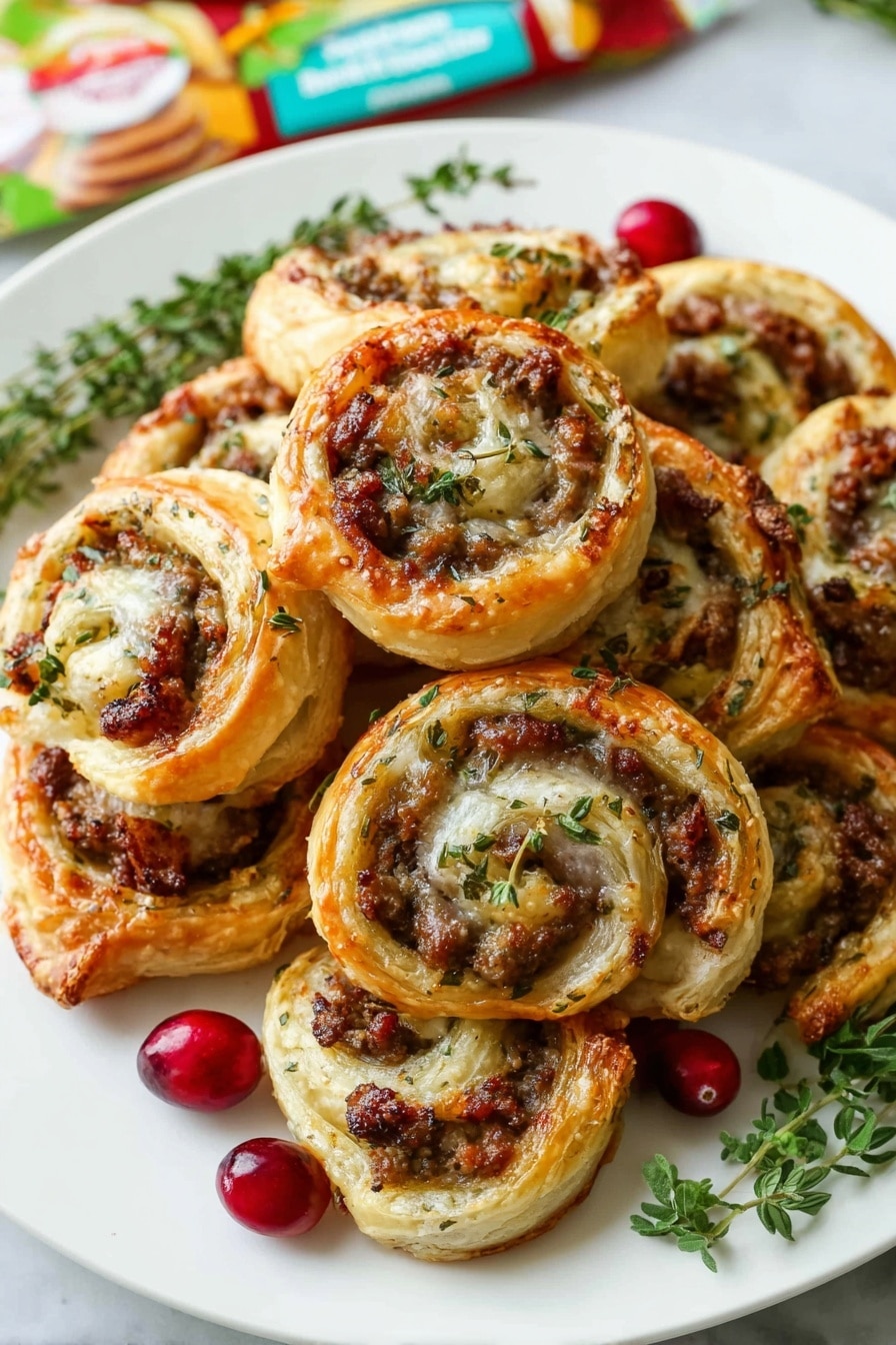 Sausage Cranberry Brie Bites, festive appetizer recipes, easy holiday appetizers, puff pastry appetizers, savory sweet appetizer ideas - A white plate holds eight round puff pastry pinwheels arranged closely together, each pinwheel showing golden-brown flaky layers with a light shine. Inside the swirls, there are bits of cooked ground meat with small green herbs sprinkled on top, adding green spots on the filling. Fresh green herb leaves lie under the pinwheels in the center for decoration. Bright red cranberries are scattered on the white marbled surface around the plate, adding a pop of color to the scene. photo taken with an iphone --ar 2:3 --v 7