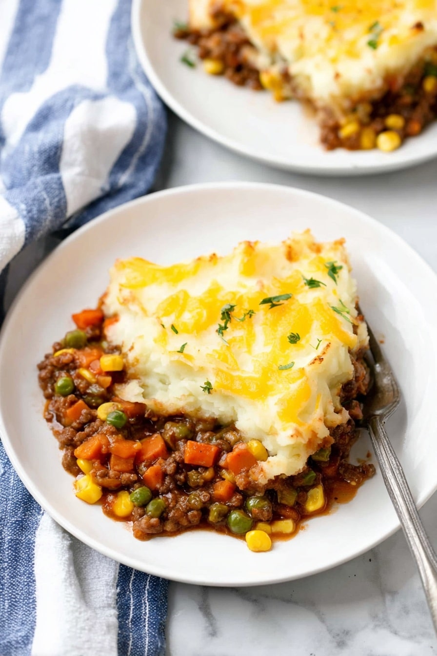 Lentil Shepherd’s Pie with Cheesy Mashed Potatoes, vegan shepherd’s pie, hearty lentil casserole, cheesy mashed potato topping, plant-based comfort food - A white plate holds a serving of shepherd's pie with two main layers. The bottom layer shows a mix of cooked vegetables like peas, diced carrots, corn, and lentils in a thick brown sauce, creating a chunky texture. The top layer is creamy mashed potatoes with a smooth, slightly golden surface, sprinkled with some melted yellow cheese and small green herb bits. A silver fork is partially inserted into the dish, resting on the right side of the plate. In the background, there is another white plate with the same dish and a blue and white striped cloth on a white marbled surface. Photo taken with an iphone --ar 2:3 --v 7