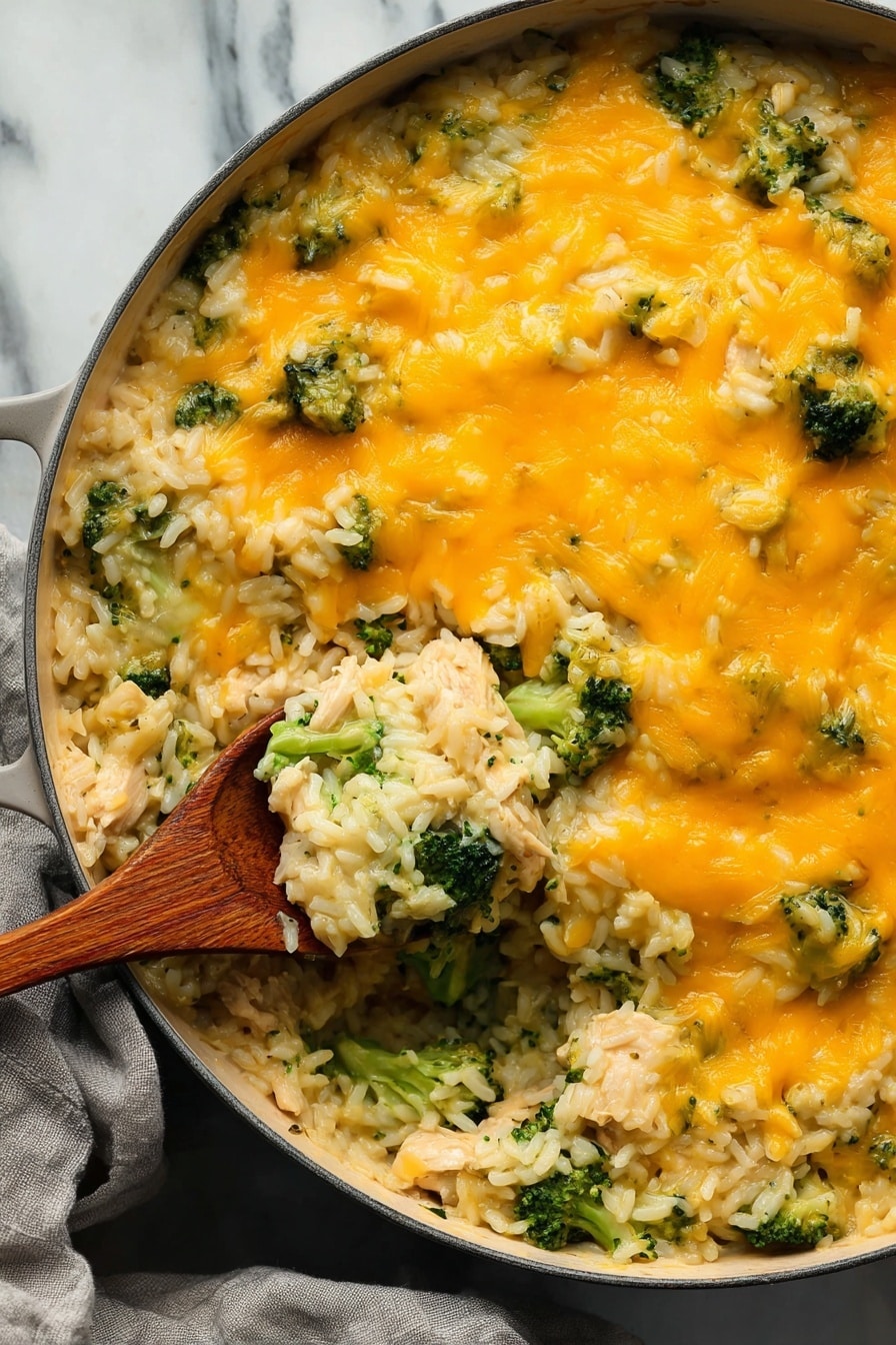Cheesy Broccoli Rice Vegan Casserole, vegan cheesy broccoli casserole, dairy-free broccoli rice bake, plant-based broccoli casserole, healthy vegan rice and broccoli dish - A close-up of a large, round pan filled with a creamy rice and broccoli casserole. The bottom layer shows white rice mixed with small pieces of light-colored chicken and bright green broccoli florets scattered evenly. The top layer is thick and smooth, covered with melted, bright orange cheddar cheese that spreads over the whole surface, slightly uneven but glossy. A wooden spoon lifts out a scoop from the left side, showing the rice, broccoli, and chicken underneath the cheese. The pan sits on a white marbled surface with a soft gray cloth nearby. Photo taken with an iphone --ar 2:3 --v 7