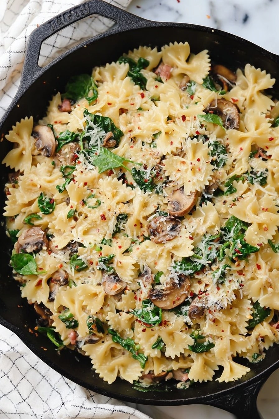 Creamy Vegan Sausage Pasta with Spinach, vegan pasta recipes, plant-based sausage pasta, quick vegan dinner ideas, dairy-free creamy pasta - This image shows a close-up of a black skillet filled with farfalle pasta mixed with small pieces of light brown cooked meat and green spinach leaves. The pasta is creamy lightly coated, with some grated white cheese sprinkled over the top, and a few tiny red flakes scattered throughout. The pasta shapes look soft, with the meat pieces mixed evenly around, and the spinach adds fresh green touches between the layers of pasta. The skillet sits on a smooth dark surface. photo taken with an iphone --ar 2:3 --v 7