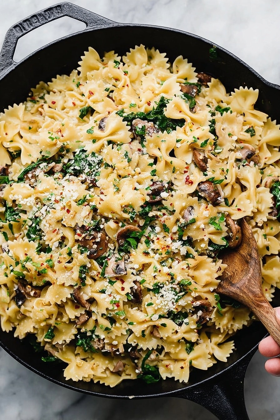 Creamy Vegan Sausage Pasta with Spinach, vegan pasta recipes, plant-based sausage pasta, quick vegan dinner ideas, dairy-free creamy pasta - A black cast iron pan filled with three layers of farfalle pasta, chopped brown mushrooms, and green leafy spinach mixed evenly throughout. The pasta is light yellow, the mushrooms are scattered in chunks adding a rough texture, and the spinach adds bright green pops of color. There is a light sprinkling of grated white cheese and red chili flakes on top, adding small specks of texture and color contrast. The pan sits on a white marbled surface with a woman's hand holding a wooden spoon inside the pan, slightly lifting the pasta to show its mixed layers photo taken with an iphone --ar 2:3 --v 7