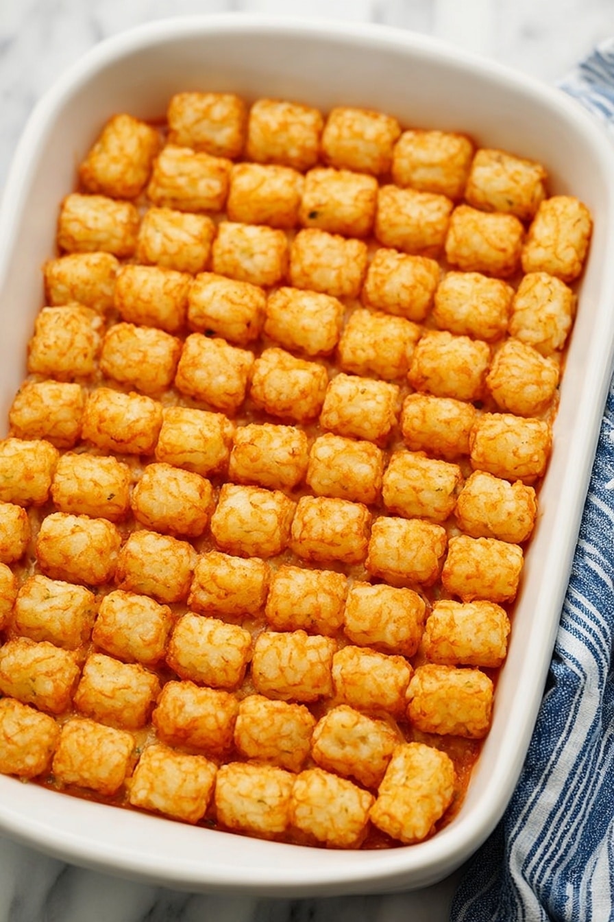 Vegan Tater Tot Casserole with Impossible Ground Beef and Veggie Topping, plant-based tater tot casserole, vegan comfort food recipe, dairy-free potato casserole, easy vegan dinner - This image shows a white baking dish filled with a neat layer of golden brown tater tots arranged tightly in rows. The small, crispy tater tots cover the entire dish surface evenly, forming one thick layer. The dish rests on a white marbled texture, and a blue and white striped cloth is partly visible on the right side. The tater tots have a crunchy texture and look evenly cooked with a warm, golden-orange tint. photo taken with an iphone --ar 2:3 --v 7
