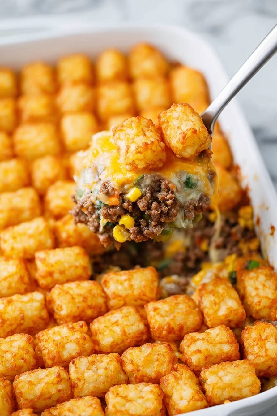 Vegan Tater Tot Casserole with Impossible Ground Beef and Veggie Topping, plant-based tater tot casserole, vegan comfort food recipe, dairy-free potato casserole, easy vegan dinner - A close-up view of a white rectangular dish filled with a three-layer casserole. The bottom layer is a creamy mixture with bits of green vegetables and visible yellow corn kernels, showing a soft and slightly chunky texture. The middle layer appears to be cooked ground meat, brown and crumbly, mixed with the vegetable and corn base. The top layer is a thick, even layer of golden-brown tater tots, crispy and placed tightly together in neat rows. A silver spatula holding a scoop of the casserole is raised above the dish, showing all three layers clearly. The background is a white marbled texture. Photo taken with an iphone --ar 2:3 --v 7