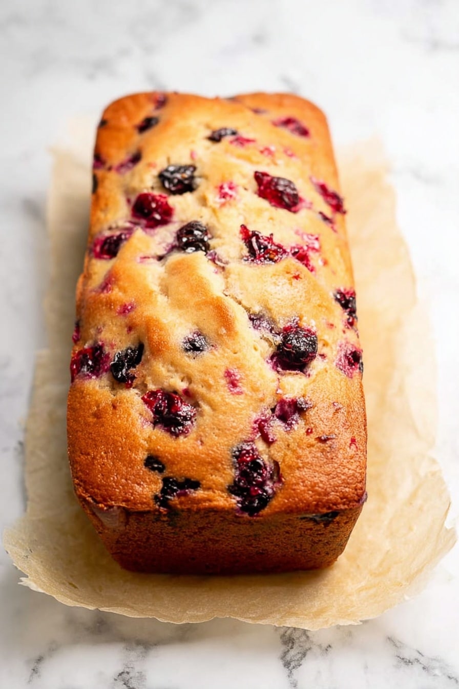Cranberry Orange Bread, Cranberry Orange Cake, Orange Glaze Bread, Fall Breakfast Bread, Citrus Cranberry Loaf - A rectangular loaf cake with a golden brown crust sits on a piece of parchment paper on a white marbled surface. The top of the cake has several cracks and is studded with visible whole and partially broken mixed red and dark purple berries, giving it a textured look. The cake appears moist inside where the berries have released some juices, adding deep red spots around them. Photo taken with an iphone --ar 2:3 --v 7