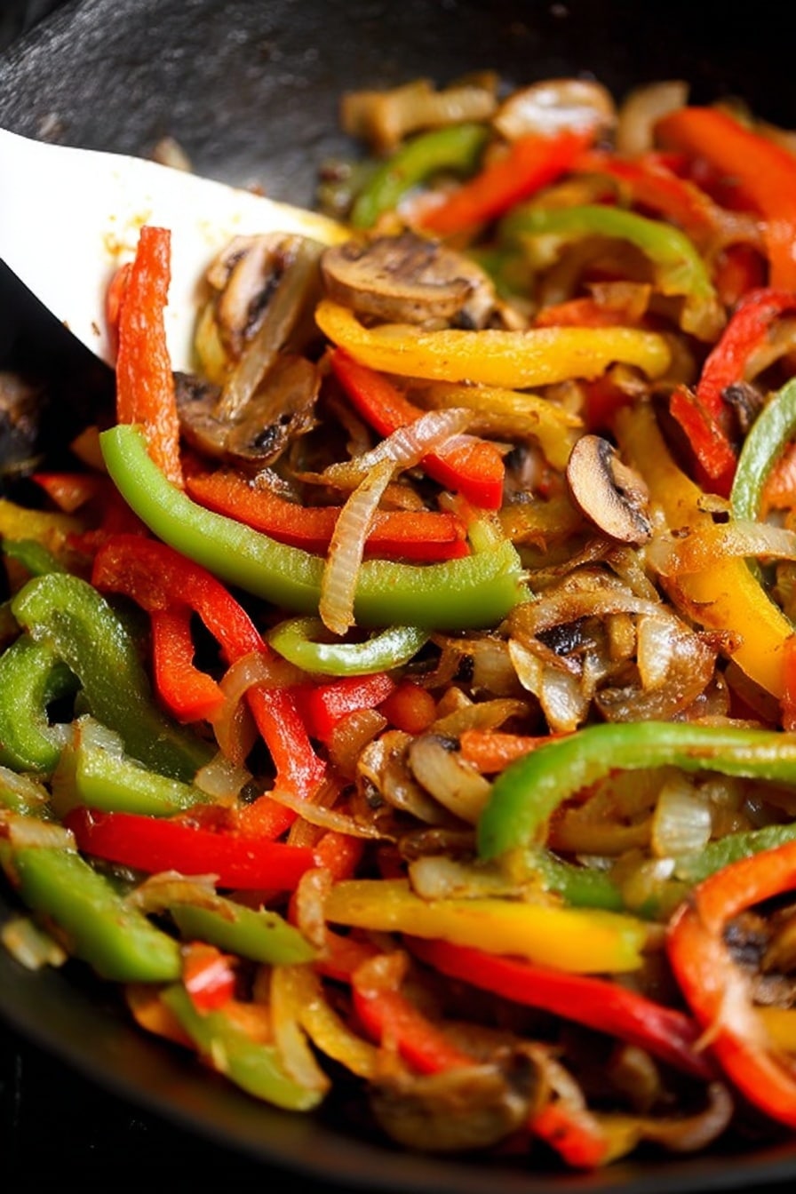 Vegetarian Fajitas, Vegetarian Fajitas Recipe, Healthy Vegetarian Fajitas, Easy Veggie Fajitas, Spicy Vegetarian Fajitas - The image shows a close-up of a black pan filled with a colorful mix of cooked vegetables, including long slices of red, green, and yellow bell peppers, as well as small pieces of browned mushrooms and translucent cooked onions. A white spatula is partially visible on the left side, lifting some of the vegetable mixture. The vegetables appear soft and well cooked, with varied textures from the tender onions and mushrooms to the slightly firm bell peppers. The background is out of focus but shows more of the dark surface of the pan. photo taken with an iphone --ar 2:3 --v 7