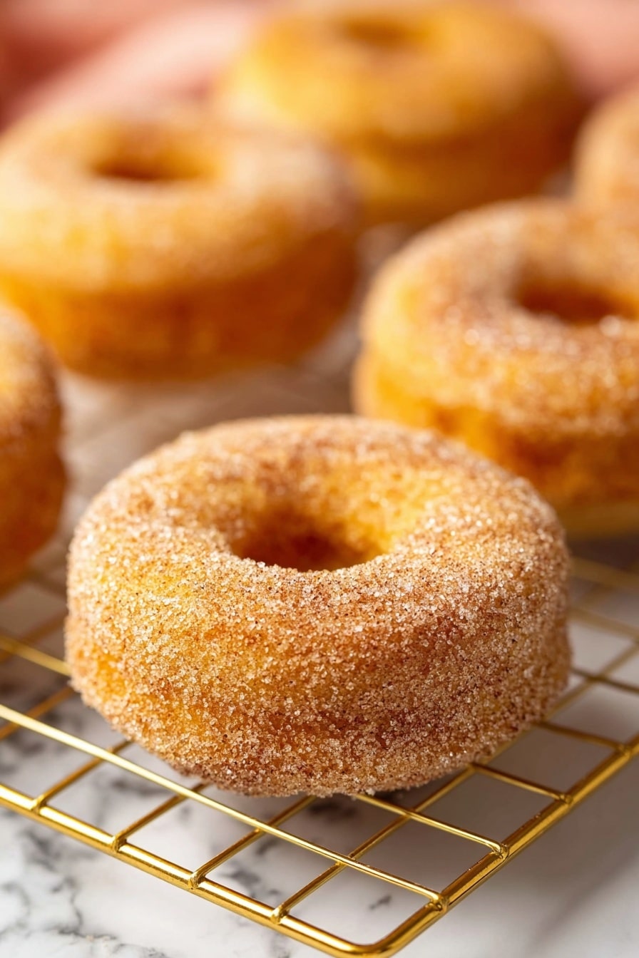 Vegan Apple Cider Donuts, Fall Vegan Donuts, Plant-Based Apple Donuts, Vegan Cinnamon Sugar Donuts, Easy Vegan Fall Recipes - The image shows several round donuts with a hole in the middle, each covered with a layer of fine sugar and cinnamon on the outside. The donuts have a golden-brown color and a soft texture. They are placed on a gold wire cooling rack, sitting on a white marbled surface. The focus is on one donut in the front, with other donuts slightly blurred in the background, giving a warm and fresh look. photo taken with an iphone --ar 2:3 --v 7