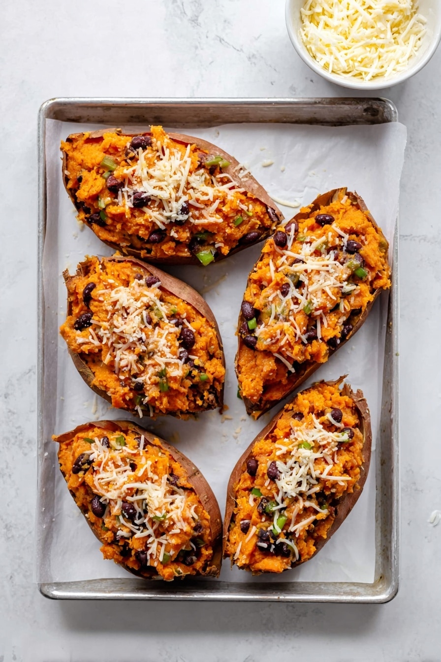 Loaded Vegan Sweet Potato Skins with Black Beans and Vegetables, vegan sweet potato skins, plant-based stuffed sweet potatoes, healthy vegan snack, savory vegan appetizer - Five stuffed sweet potato halves sit arranged on white parchment paper over a white marbled surface. Each sweet potato is filled with bright orange mashed sweet potato mixed with black beans and topped with melted light-colored cheese and crispy brown coconut flakes. Fresh green chopped parsley is sprinkled over the potatoes, adding a lively touch. Around the potatoes, there are lime wedges and extra parsley. A small white bowl holds fresh green parsley leaves, while a small gray bowl contains creamy white sour cream garnished with parsley. A striped cloth napkin lies near the bottom right corner. Photo taken with an iphone --ar 2:3 --v 7