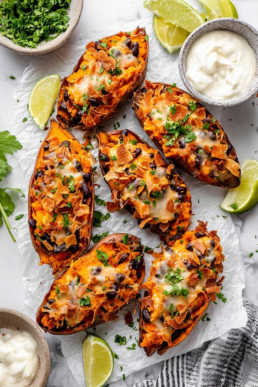 Loaded Vegan Sweet Potato Skins with Black Beans and Vegetables, vegan sweet potato skins, plant-based stuffed sweet potatoes, healthy vegan snack, savory vegan appetizer - This image shows five stuffed sweet potato halves arranged on a baking tray lined with white parchment paper, placed on a white marbled surface. Each sweet potato half has two layers: the base layer is a dark brown sweet potato skin, topped with a thick, mashed orange filling mixed with black beans, small green pieces (likely peppers), and bits of onion. Three of the halves have a light topping of white shredded cheese scattered unevenly on top. To the side of the tray, a small white bowl contains more shredded cheese. The scene is bright with even daylight lighting coming from above. Photo taken with an iphone --ar 2:3 --v 7