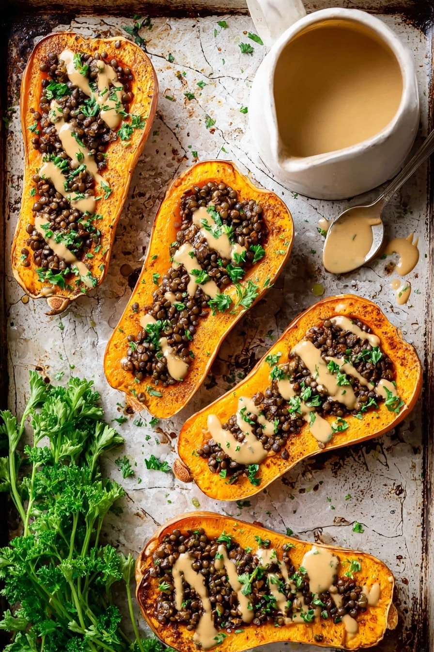 Creamy Lentil Stuffed Butternut Squash with Butternut Tahini Sauce, healthy stuffed butternut squash, vegan lentil squash bake, flavorful butternut squash recipes, hearty plant-based squash dish - Four halves of roasted butternut squash are arranged on a baking tray with a white marbled texture. Each half is filled with a dark brown mix of lentils and finely shredded mushrooms, topped with uneven drizzles of a beige creamy sauce and sprinkled green parsley leaves. To the right of the squash halves is a white jug partially filled with the same creamy sauce, with some sauce dripping over its edge. To the left side of the tray, a bunch of fresh green parsley lies next to the squash. The image captures the rustic texture of the food and tray, with vibrant colors and detailed layering. Photo taken with an iphone --ar 2:3 --v 7