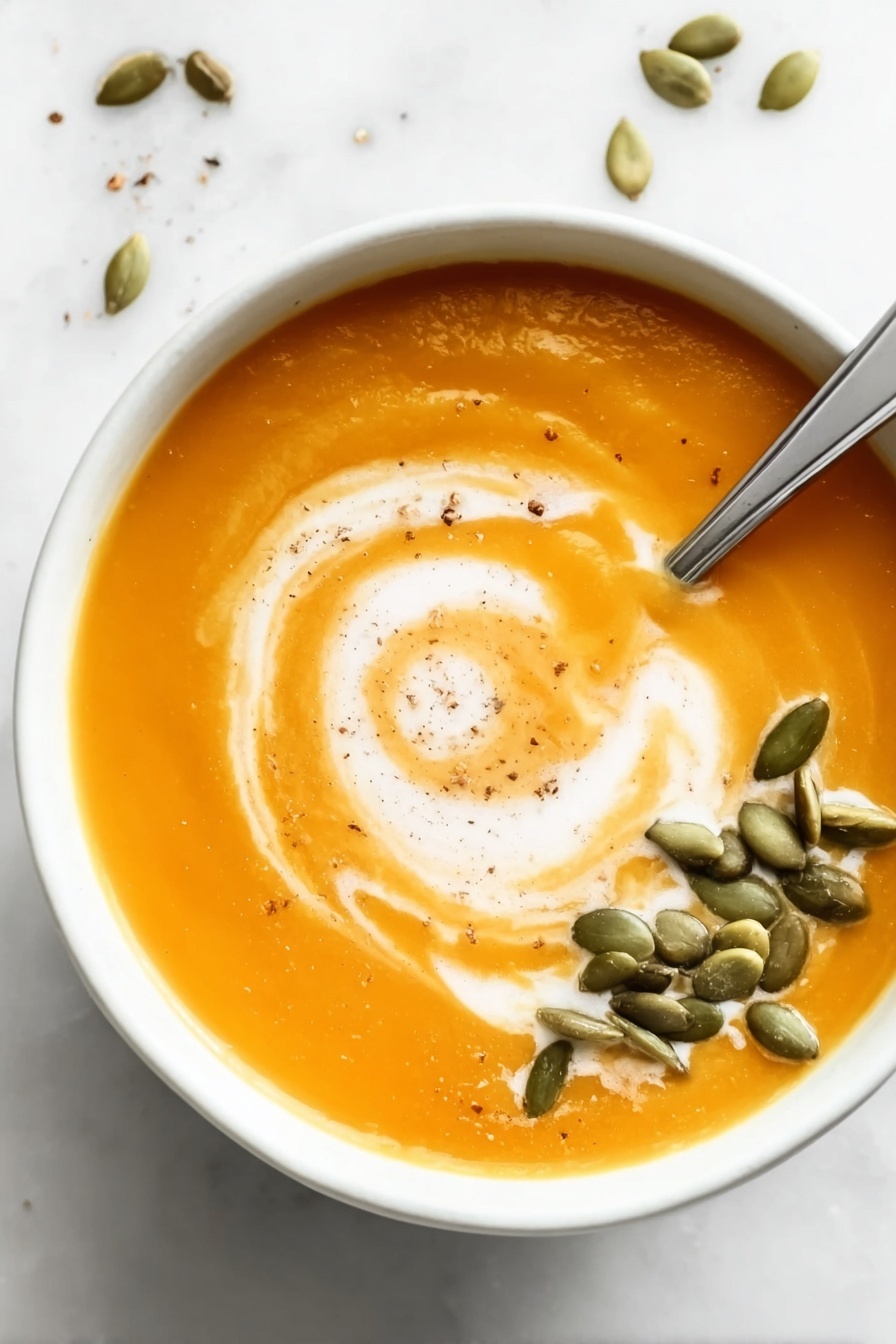 Vegan Butternut Squash Soup, healthy fall soup, creamy vegan soup, easy vegan soup recipe, cozy vegan squash soup - A white bowl filled with smooth orange soup is placed on a white marbled surface. The soup has a swirl of white cream on top, creating a gentle spiral pattern starting near the center. There is a small pile of green pumpkin seeds arranged to one side of the swirl. A silver spoon rests inside the bowl, its handle leaning on the bowl's edge. The soup surface shows light seasoning specks, adding subtle texture. Photo taken with an iphone --ar 2:3 --v 7
