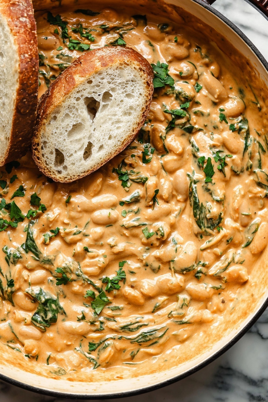 Creamy Sun Dried Tomato Butter Beans with Basil and Spinach, healthy vegetarian butter beans, vegan creamy beans recipe, quick plant-based dinner, dairy-free bean dish - A close-up image of a thick, creamy dip with a light orange color, filled with visible bits of chopped green herbs and small red pieces scattered throughout. Two slices of crusty white bread rest partially dipped on the surface of the mixture, showing a soft, airy texture inside the bread. The dip has a rich, smooth texture with swirls and folds, spread in a white bowl. The background features a white marbled surface. photo taken with an iphone --ar 2:3 --v 7