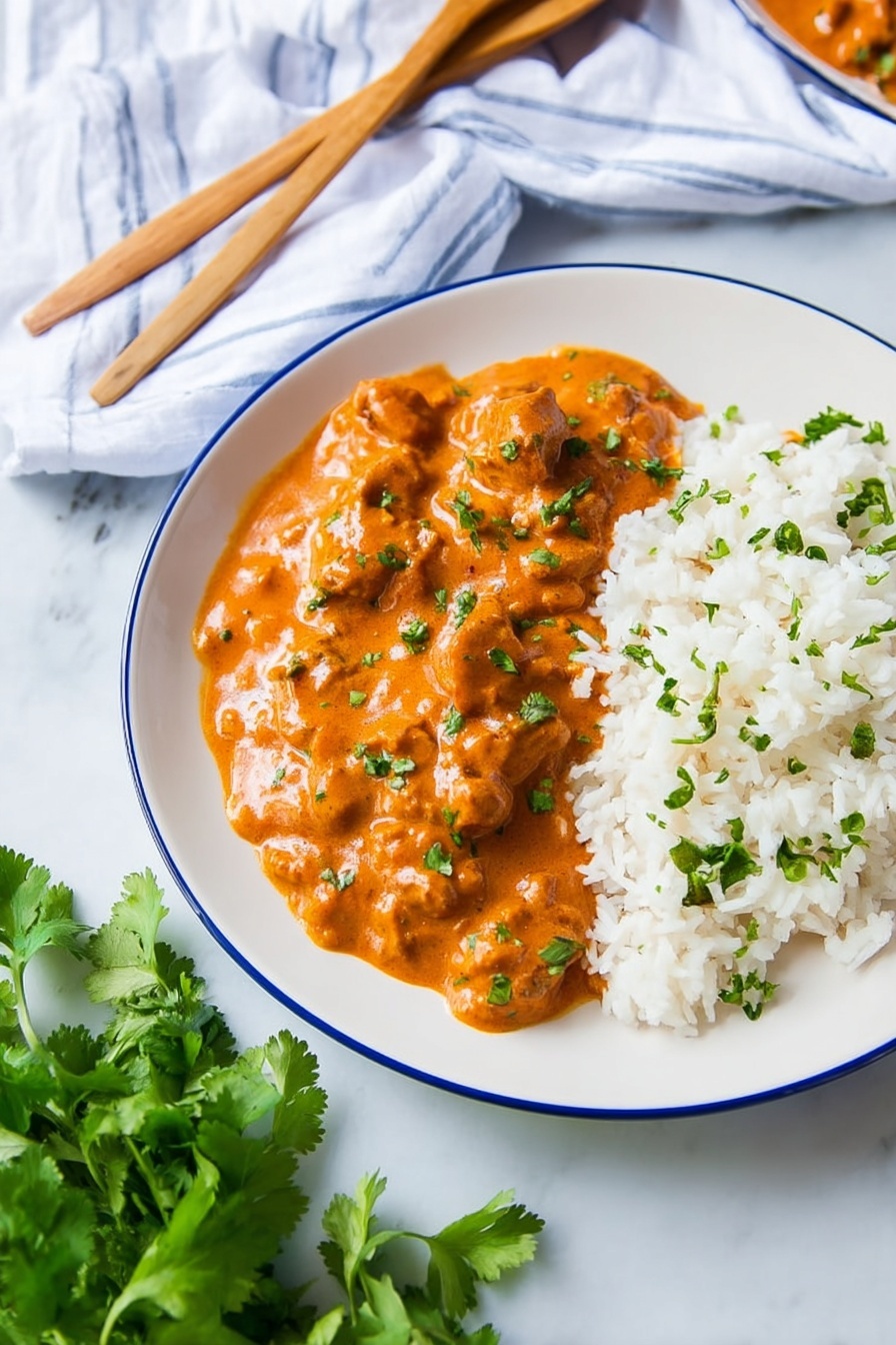 Vegan Butter Chicken, Dairy-Free Vegan Butter Chicken, Plant-Based Butter Chicken, Vegan Tofu Butter Chicken, Creamy Vegan Chicken Curry - The image shows a white plate with a thin blue rim, placed on a white marbled surface. On the plate, there are two main layers: on the right side, fluffy, white rice garnished with small green herb pieces, and on the left side, a rich orange sauce with visible chunks of tender meat, also sprinkled with small green herb bits. The sauce looks creamy and smooth, covering the meat pieces fully. In the background, there is a white cloth with light blue stripes and two wooden utensils resting on it. A bunch of fresh green herbs is placed on the bottom left corner of the image. The lighting is bright and natural, highlighting the colors and textures clearly. photo taken with an iphone --ar 2:3 --v 7