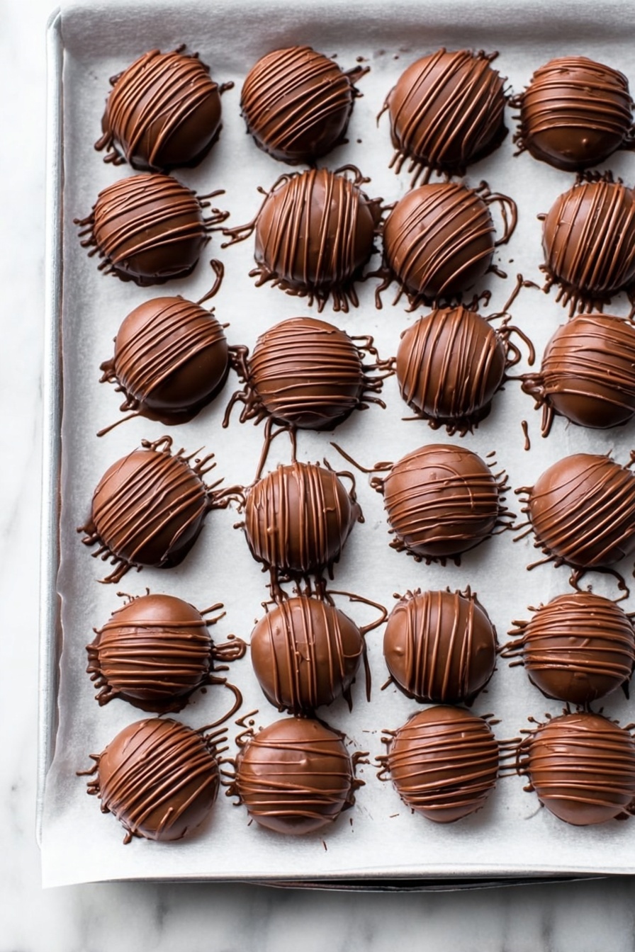 Vegan Chocolate Peanut Butter Balls, vegan peanut butter treats, dairy-free chocolate snacks, plant-based dessert balls, easy vegan snack recipe - The image shows round chocolate-covered treats placed on a white marbled surface. Each treat has two layers visible: a smooth, shiny milk chocolate outer shell with darker chocolate drizzle lines artistically spread over the top, and a glimpse of a crumbly light brown base peeking out slightly underneath. The texture of the chocolate shell is smooth and glossy, contrasting with the rougher crumbly base layer. The treats are arranged close together in a casual, slightly scattered manner. Photo taken with an iphone --ar 2:3 --v 7