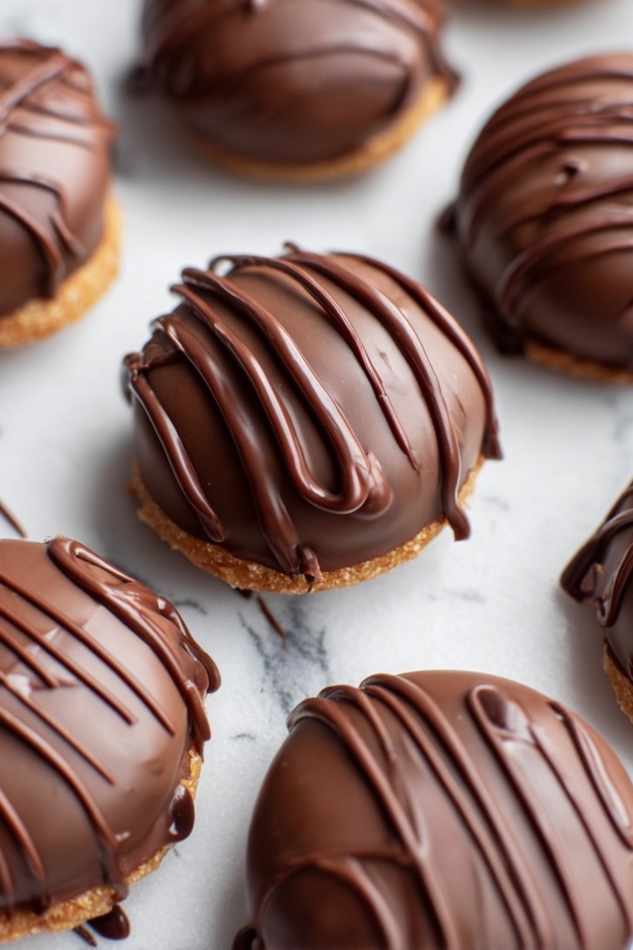 Vegan Chocolate Peanut Butter Balls, vegan peanut butter treats, dairy-free chocolate snacks, plant-based dessert balls, easy vegan snack recipe - The image shows a tray lined with white parchment paper holding multiple round chocolate treats. Each treat has a smooth, glossy dark brown chocolate coating with a light drizzle of thinner chocolate stripes on top, giving a textured look. The treats are arranged in neat rows, with some stray drizzles of chocolate on the paper between them. The tray is set on a white marbled surface, adding a clean and bright background. photo taken with an iphone --ar 2:3 --v 7