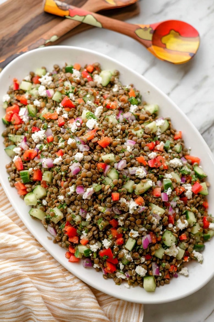 The Best Lentil Salad, healthy lentil salad, quick lentil salad, nourishing vegetarian salad, flavorful lentil side dish - A white oval plate is filled with a lentil salad that has three main layers of textures and colors visible mixed evenly. The base layer consists of small lentils in a greenish-brown shade, creating a grainy texture. Scattered throughout are roughly chopped pieces of bright red bell peppers, pale green cucumbers, and small bits of red onions that add a fresh, crisp texture and colorful contrast. White crumbles of cheese are sprinkled on top, adding a soft texture and light touch of white against the vibrant salad. The plate is placed on a white marbled surface with a beige and white striped cloth nearby, and two wooden spoons with painted orange and yellow patterns rest in the background. Photo taken with an iphone --ar 2:3 --v 7