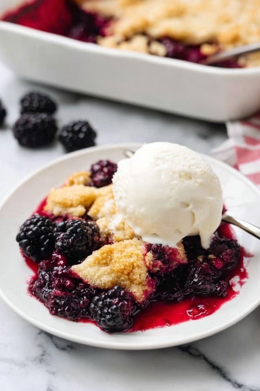 Old Fashioned Blackberry Cobbler, Blackberry Cobbler, Summer Berry Desserts, Homemade Berry Pie, Juicy Blackberry Dessert - A white plate holds a serving of blackberry cobbler with three main layers visible: the bottom layer is dark purple blackberries with juice soaking the plate, the middle layer is golden brown, crumbly cobbler topping broken in pieces over the berries, and the top layer is a round scoop of creamy white ice cream sitting slightly to one side of the cobbler. Fresh blackberries are scattered around the plate on a white marbled surface. In the background, a white baking dish filled with more cobbler is slightly out of focus. Photo taken with an iphone --ar 2:3 --v 7